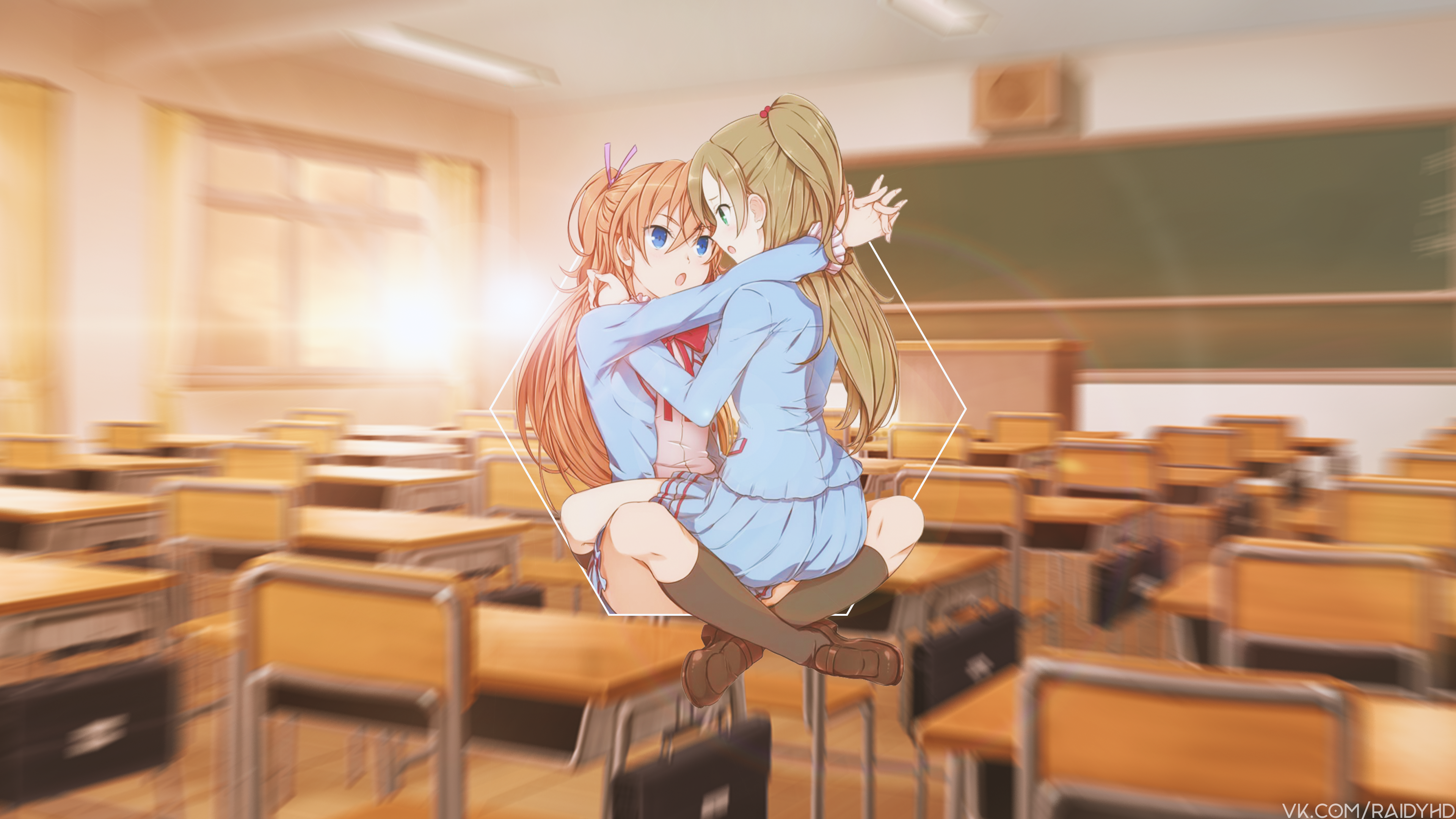 Anime girls hugging in a classroom HD Wallpaper