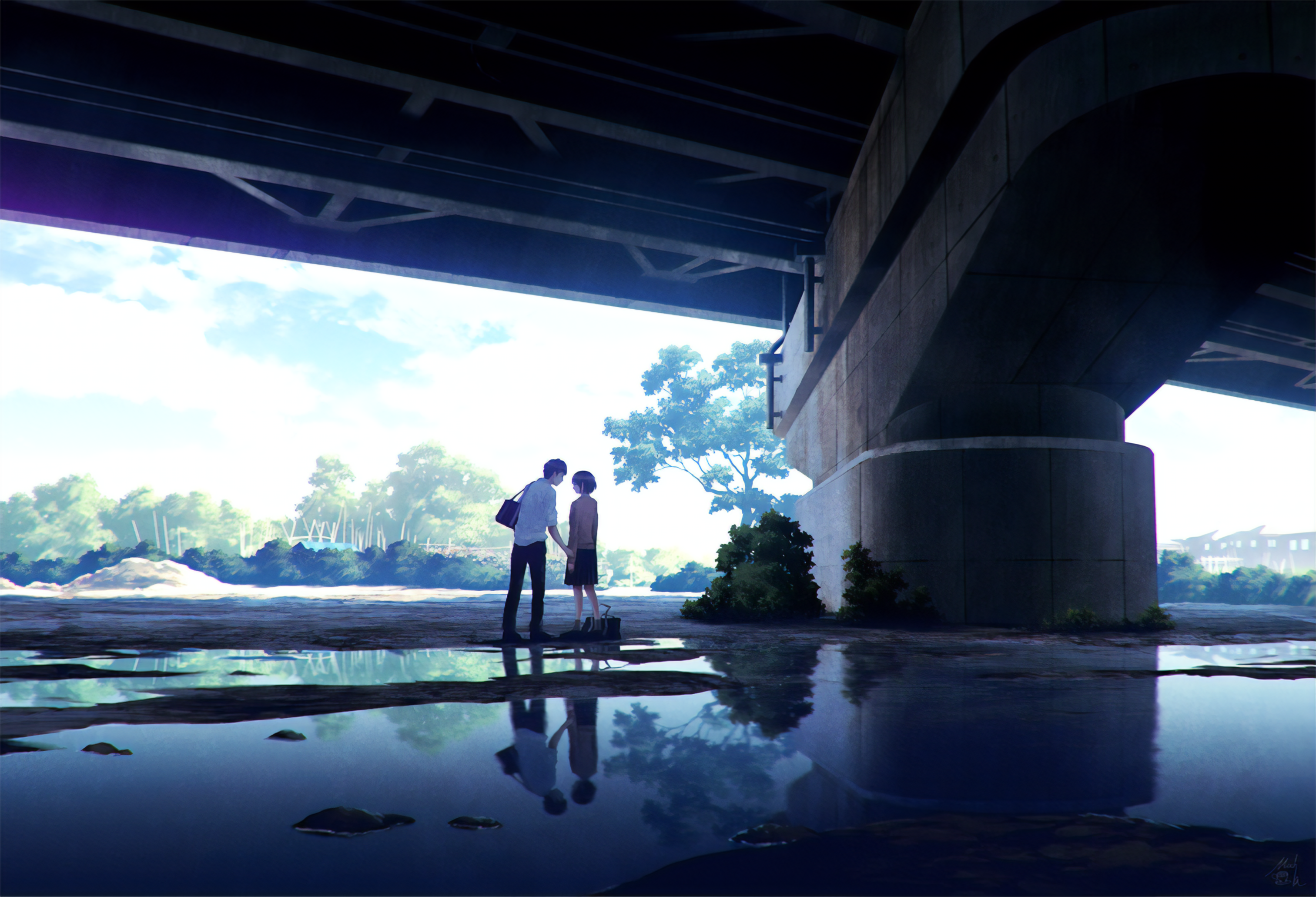 Anime couple holding hands under a bridge with reflections in puddles HD Wallpaper