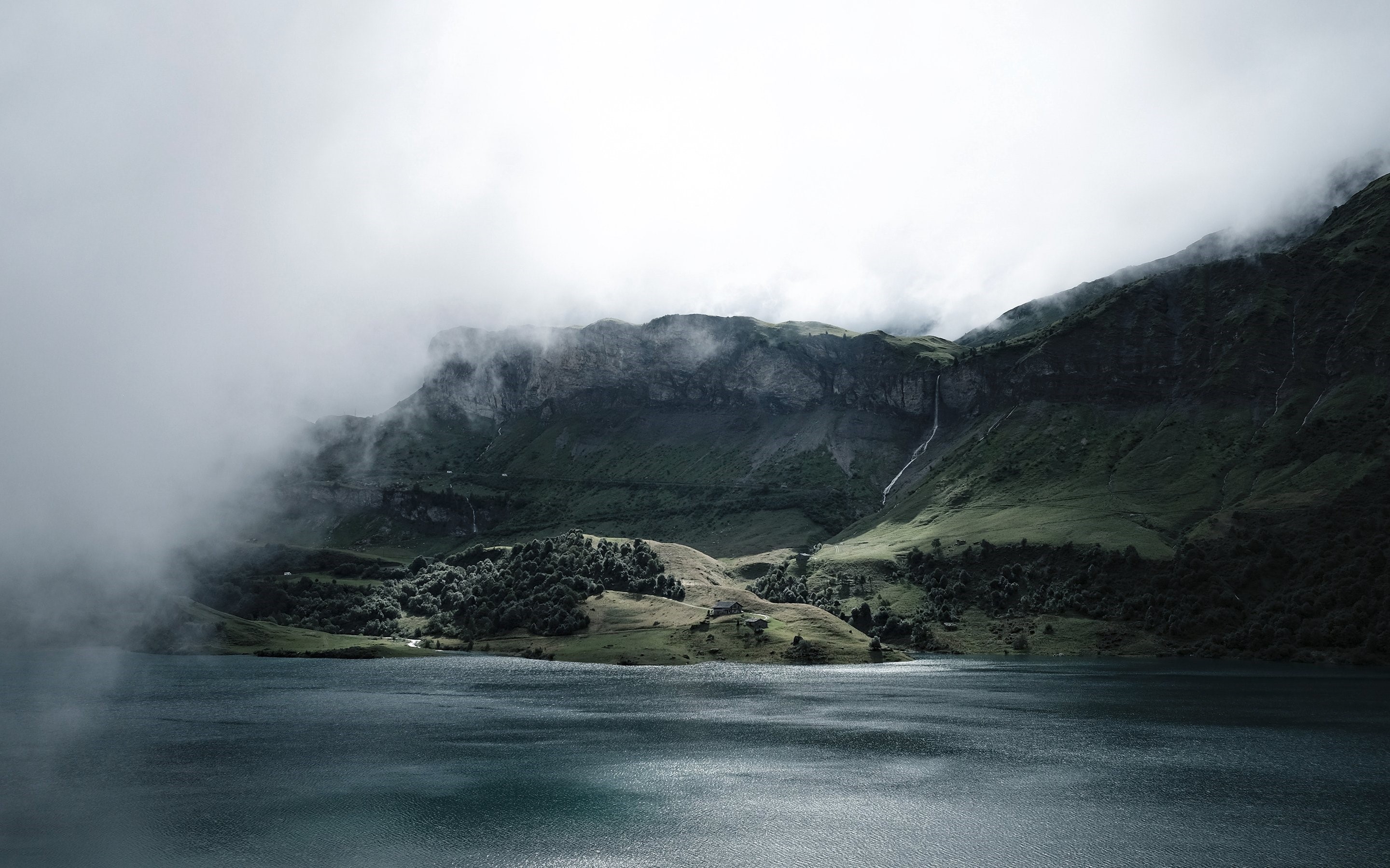 Misty mountains and lake landscape HD Wallpaper