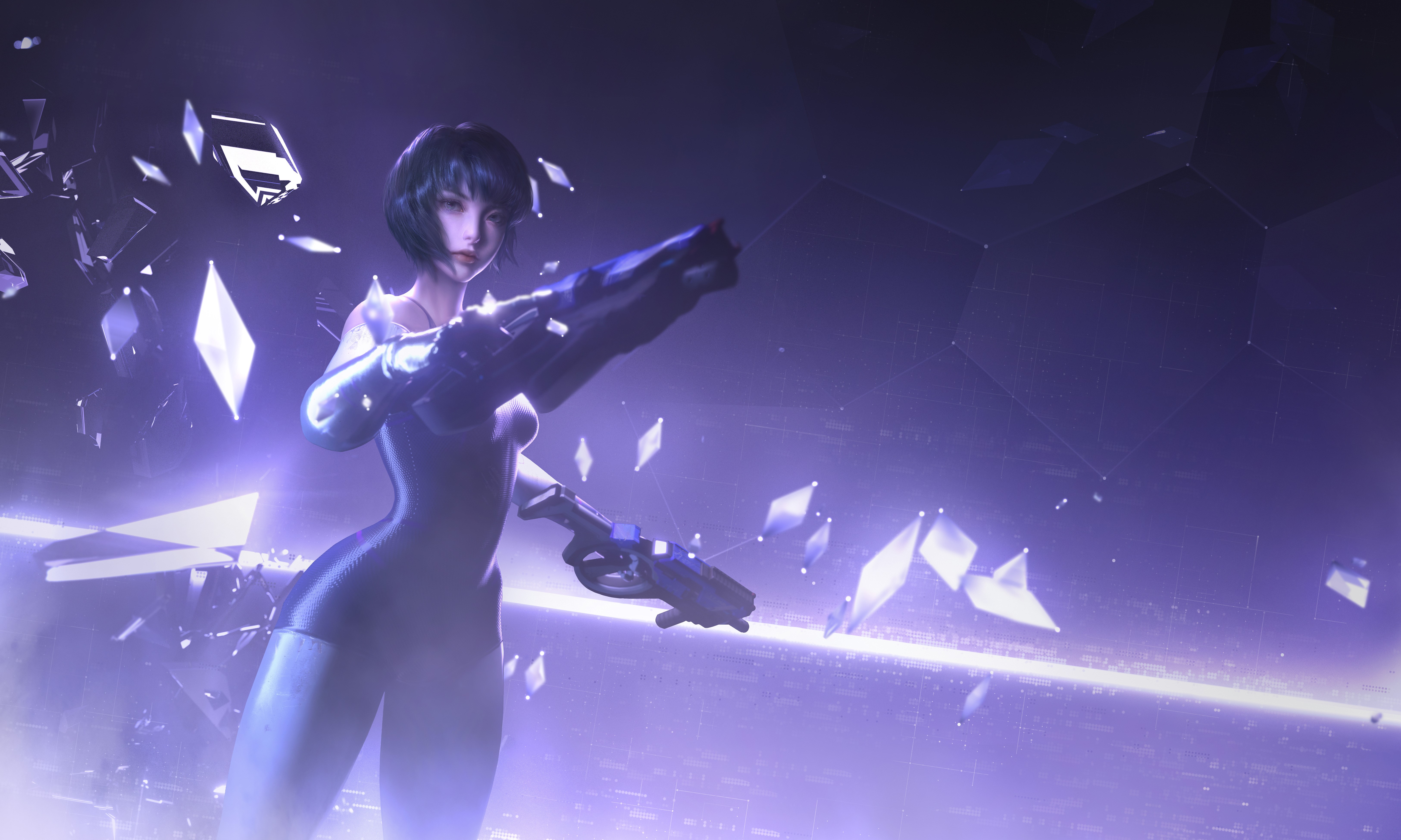Cyber Hunter woman with guns in purple futuristic setting HD Wallpaper