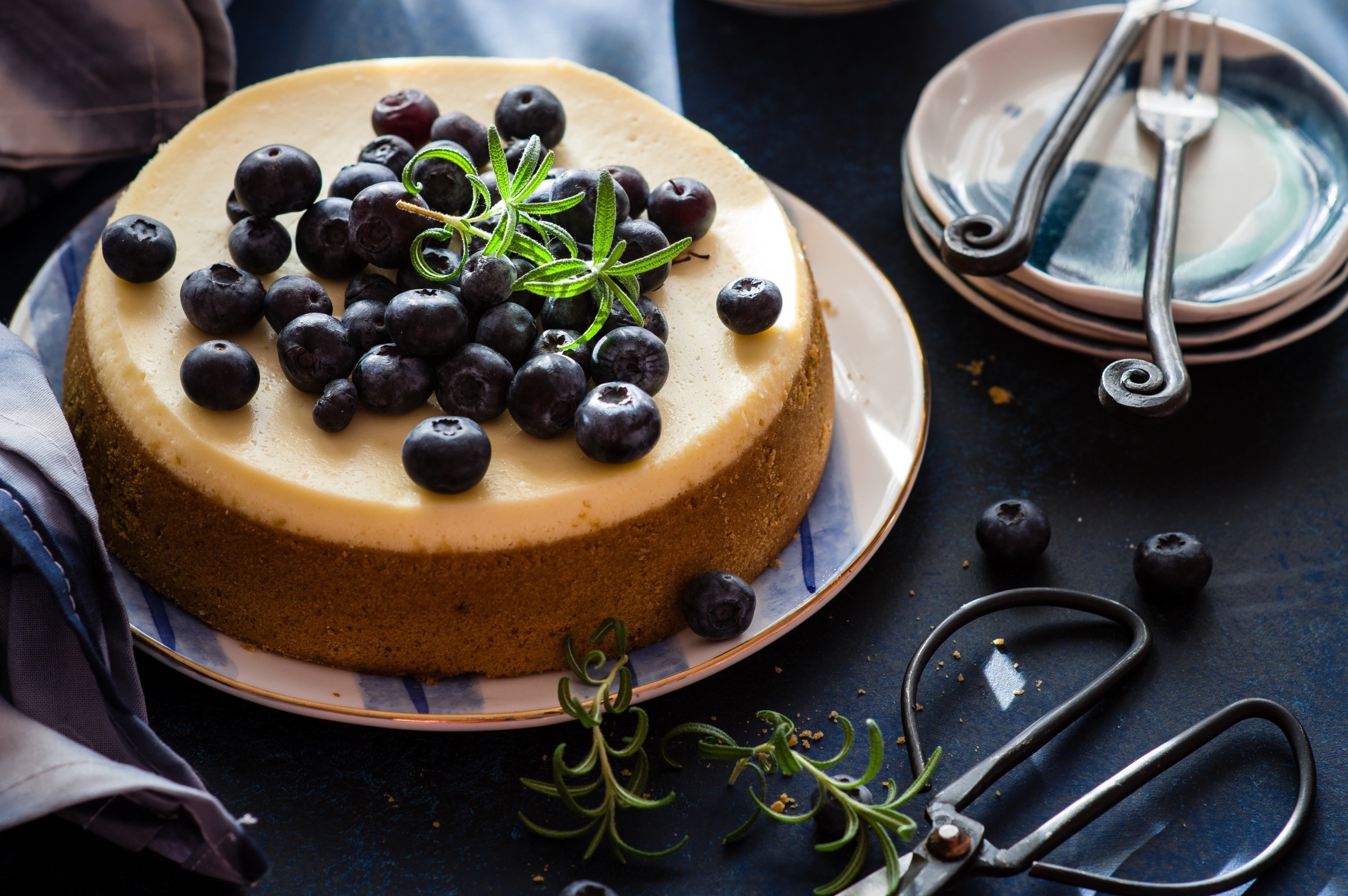Blueberry cheesecake with rosemary and forks HD Wallpaper