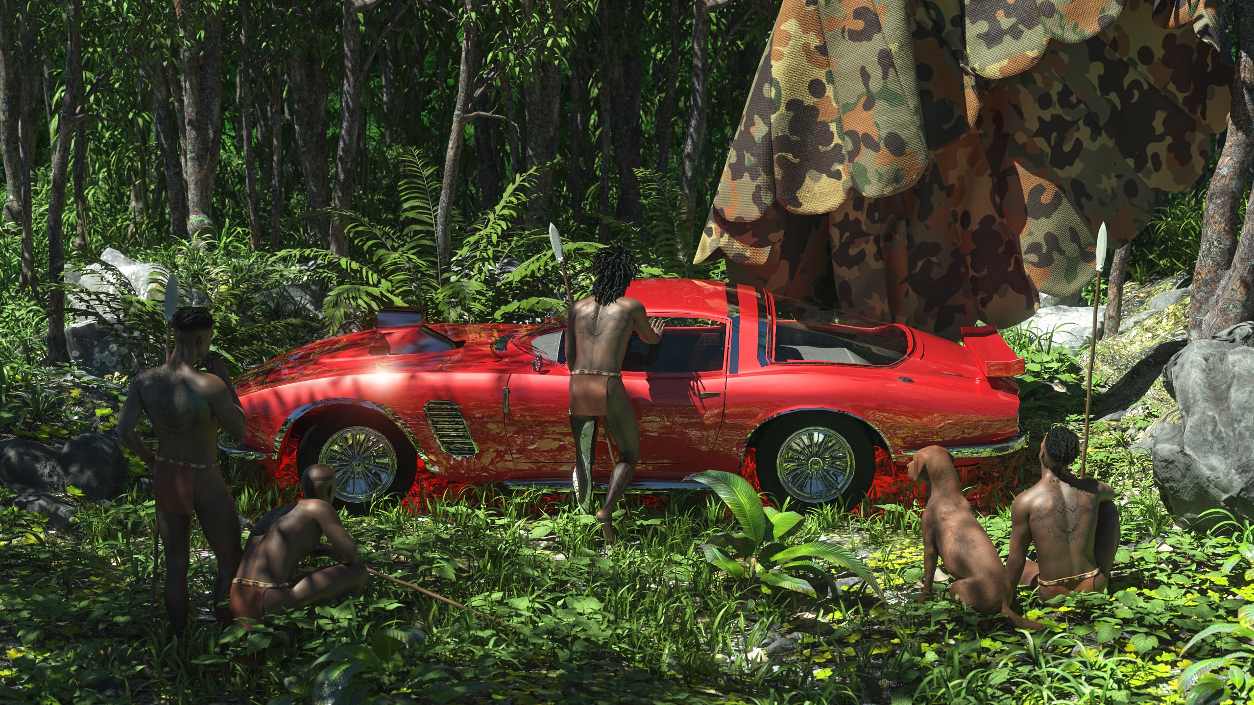 Tribesmen and dog with red car in jungle HD Wallpaper