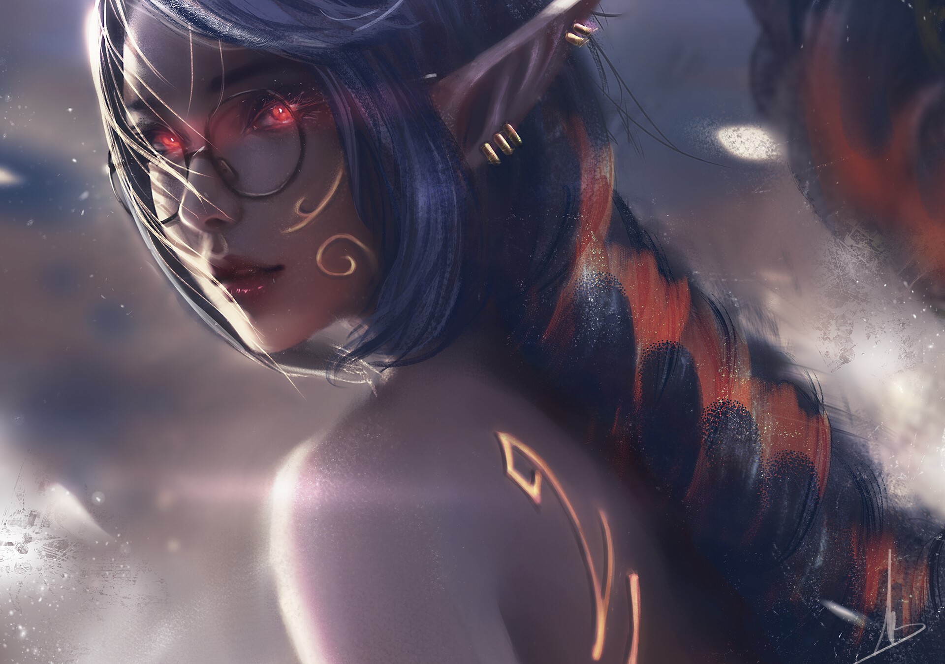 Fantasy elf girl with red eyes and glasses HD Wallpaper
