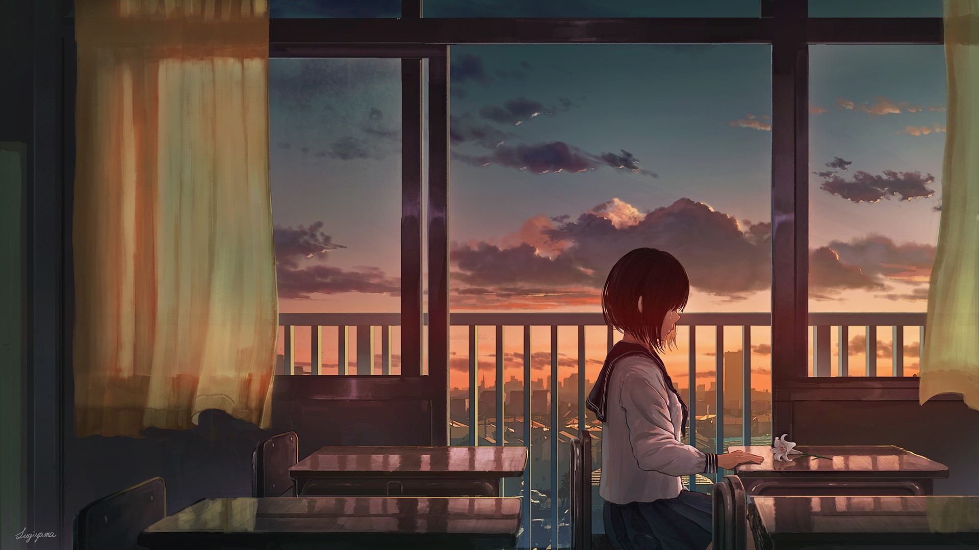 Anime girl in school uniform looking out classroom window at sunset HD Wallpaper