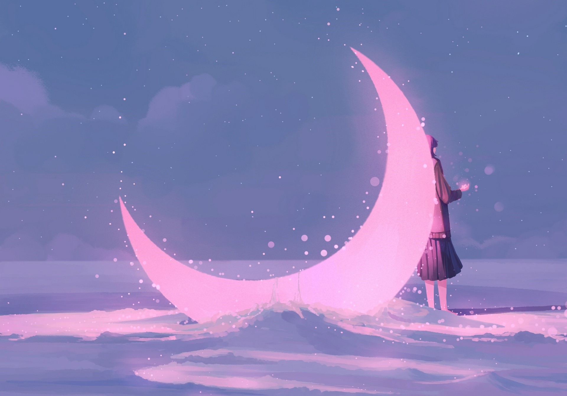 Fantasy girl with pink moon in snowy landscape HD Wallpaper