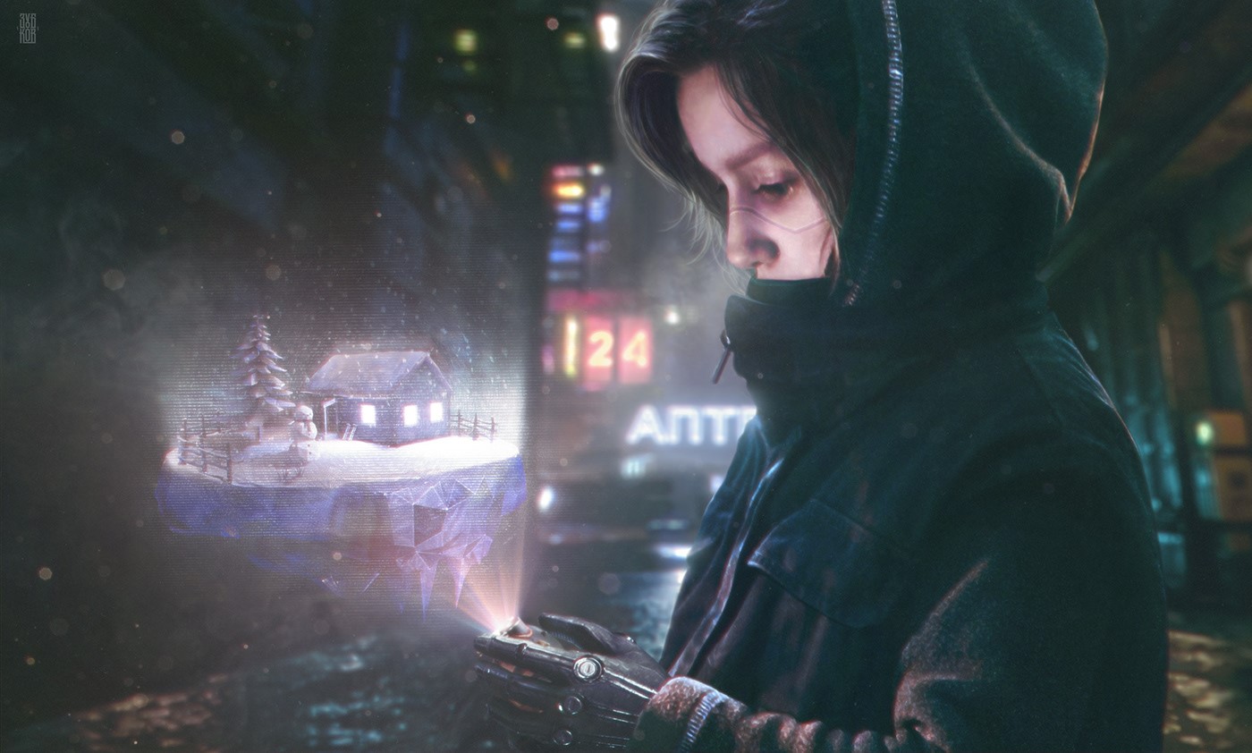 Girl with futuristic implants viewing a holographic winter scene HD Wallpaper