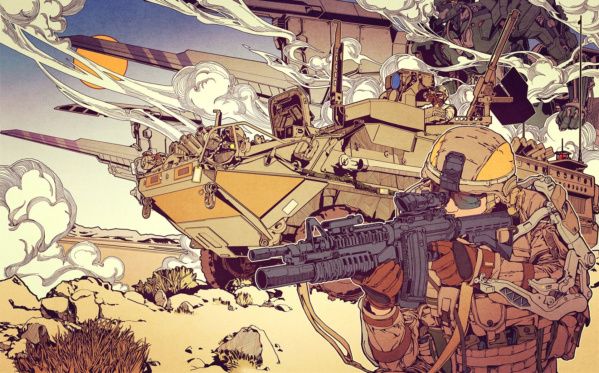 Soldier with assault rifle and armored vehicle in desert HD Wallpaper