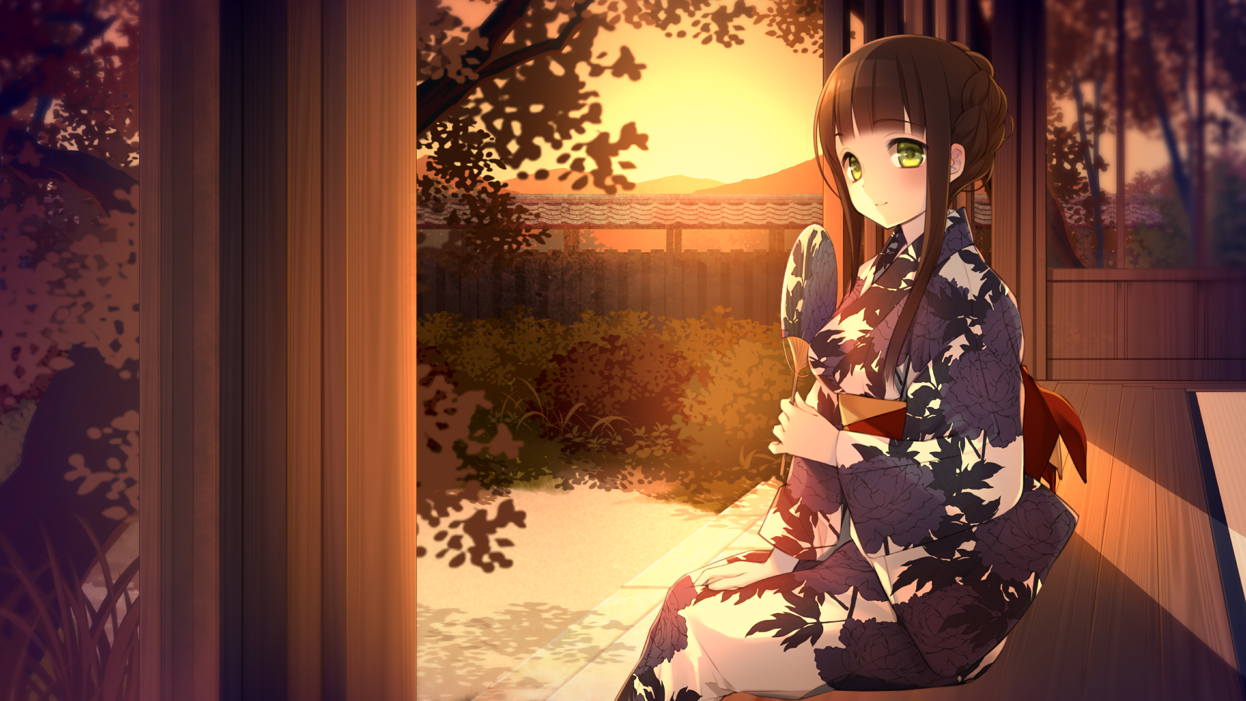 Anime girl in kimono at sunset HD Wallpaper