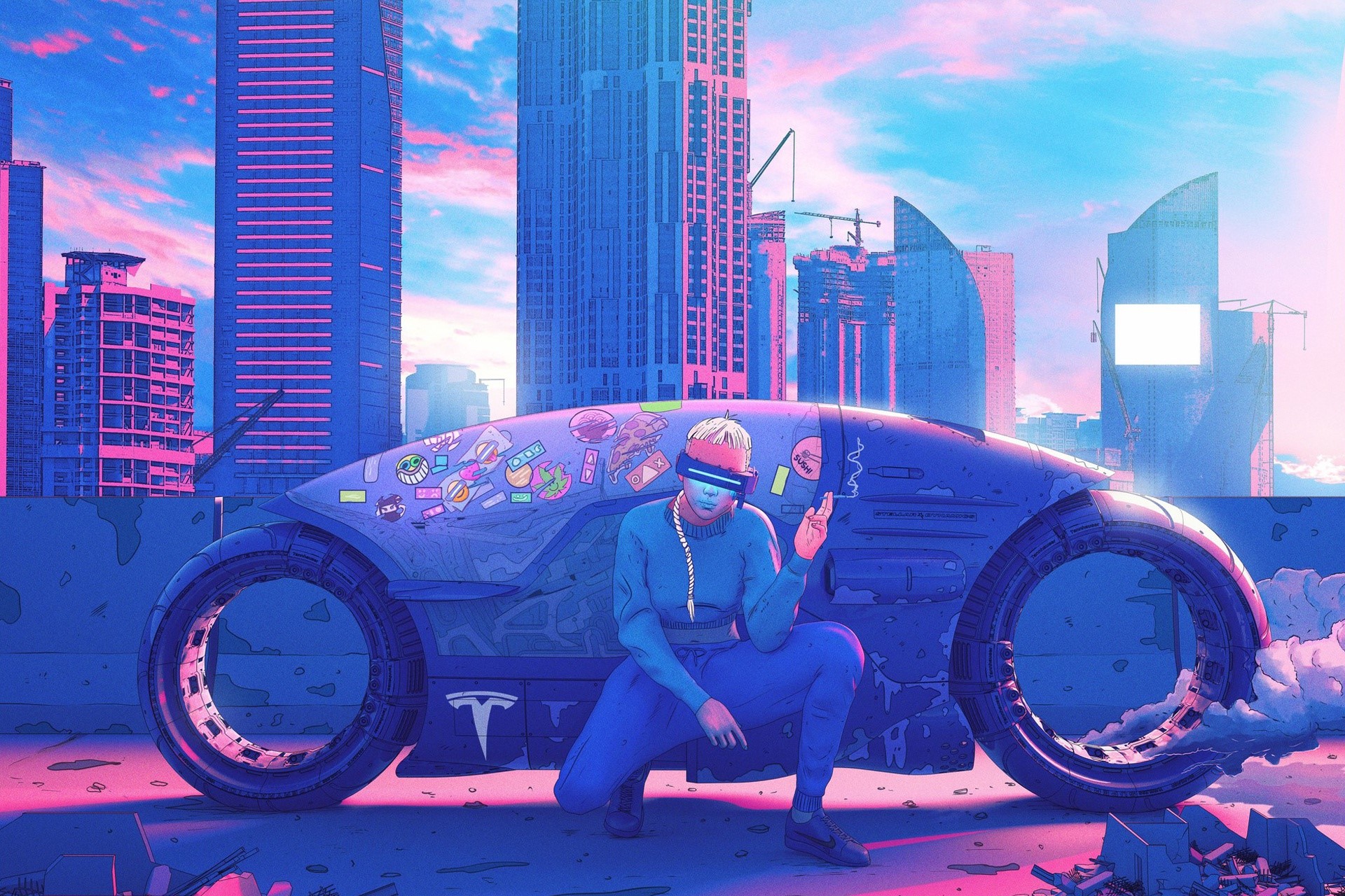 Futuristic cityscape with a person and a vehicle HD Wallpaper