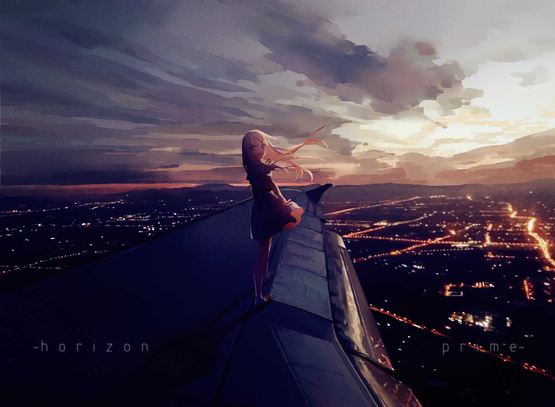 Anime girl on airplane wing overlooking city at sunset HD Wallpaper
