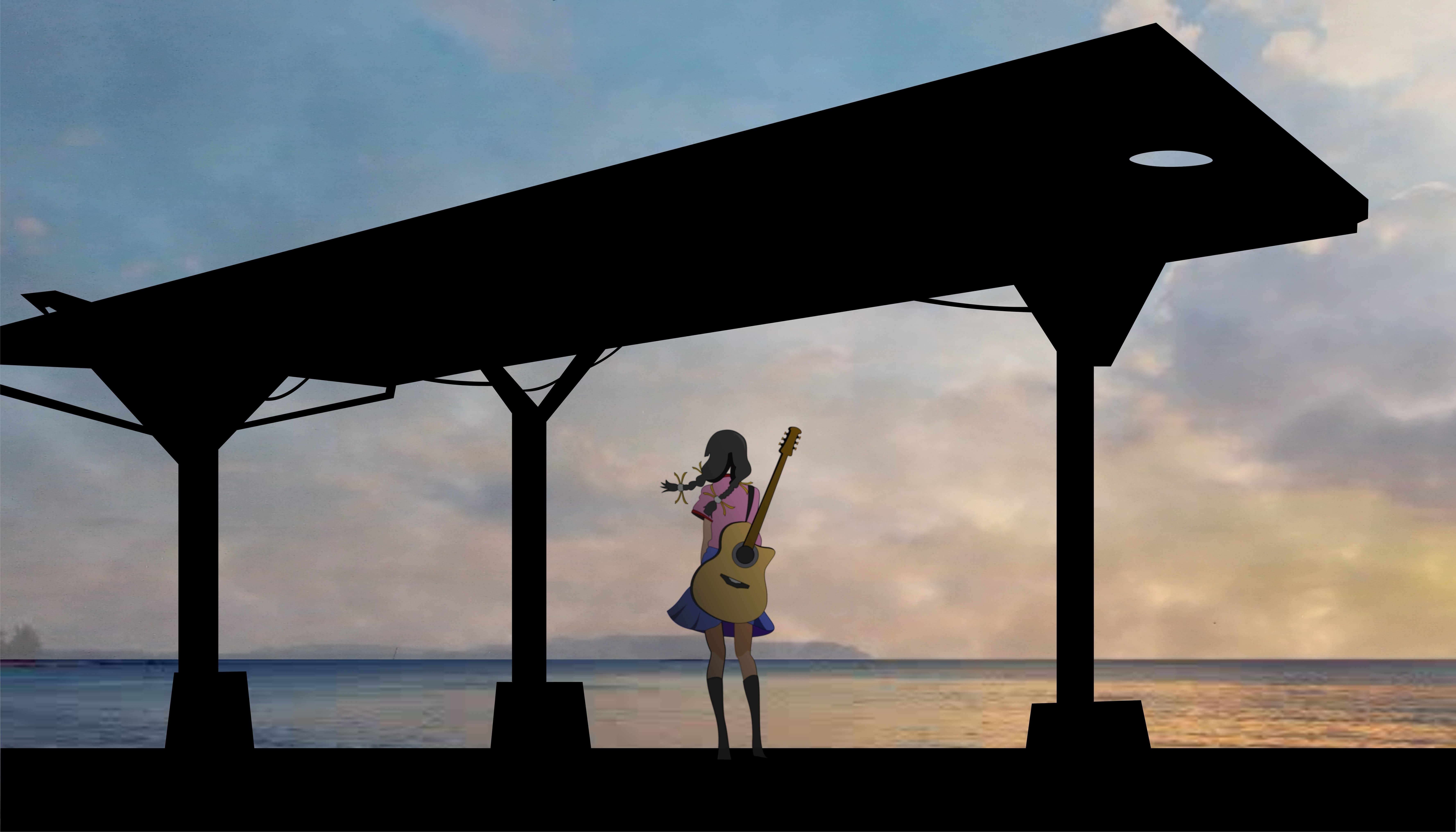 Anime girl with guitar from behind at sunset HD Wallpaper