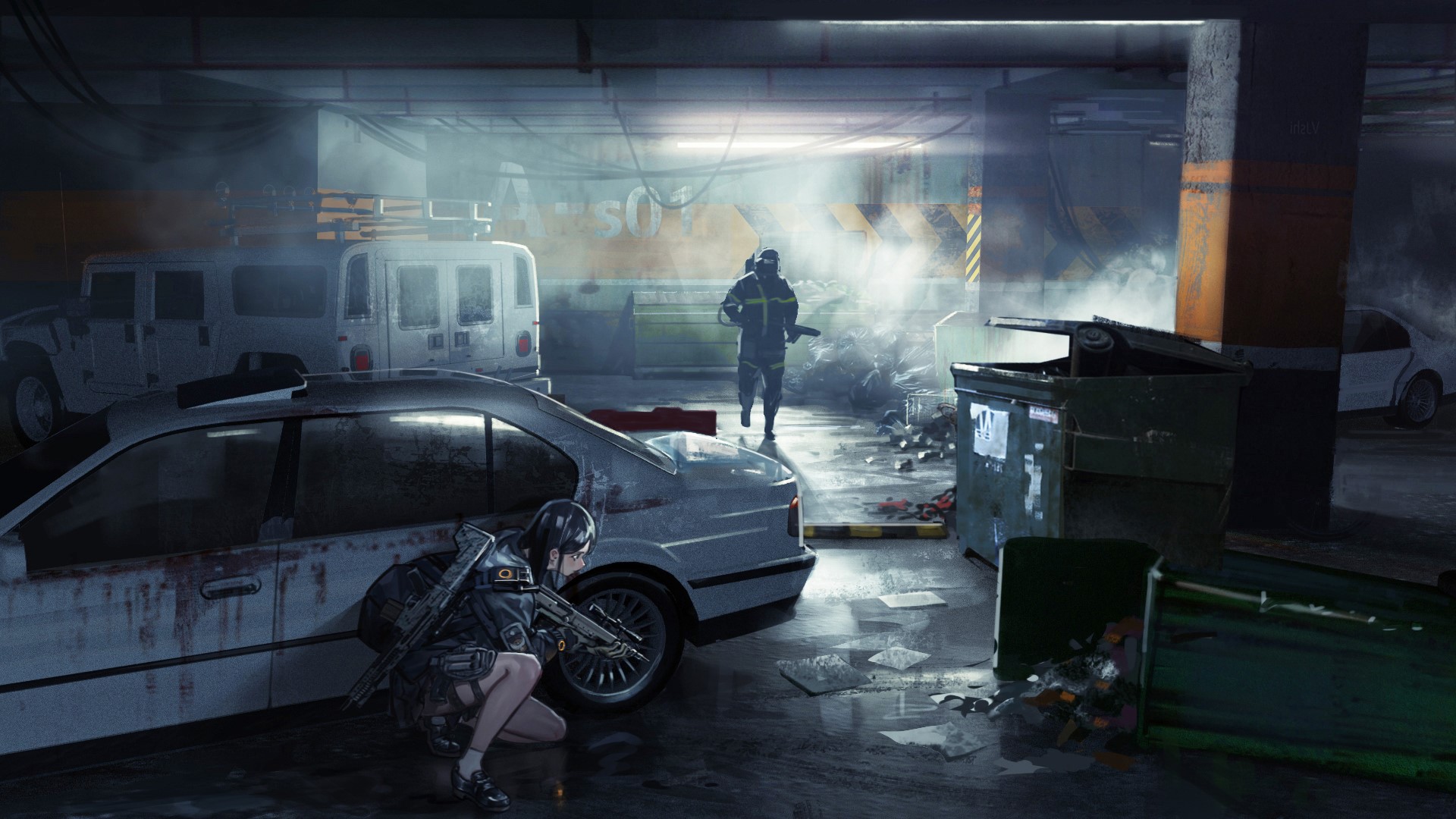 Anime girl with gun in BMW E34 in parking garage HD Wallpaper