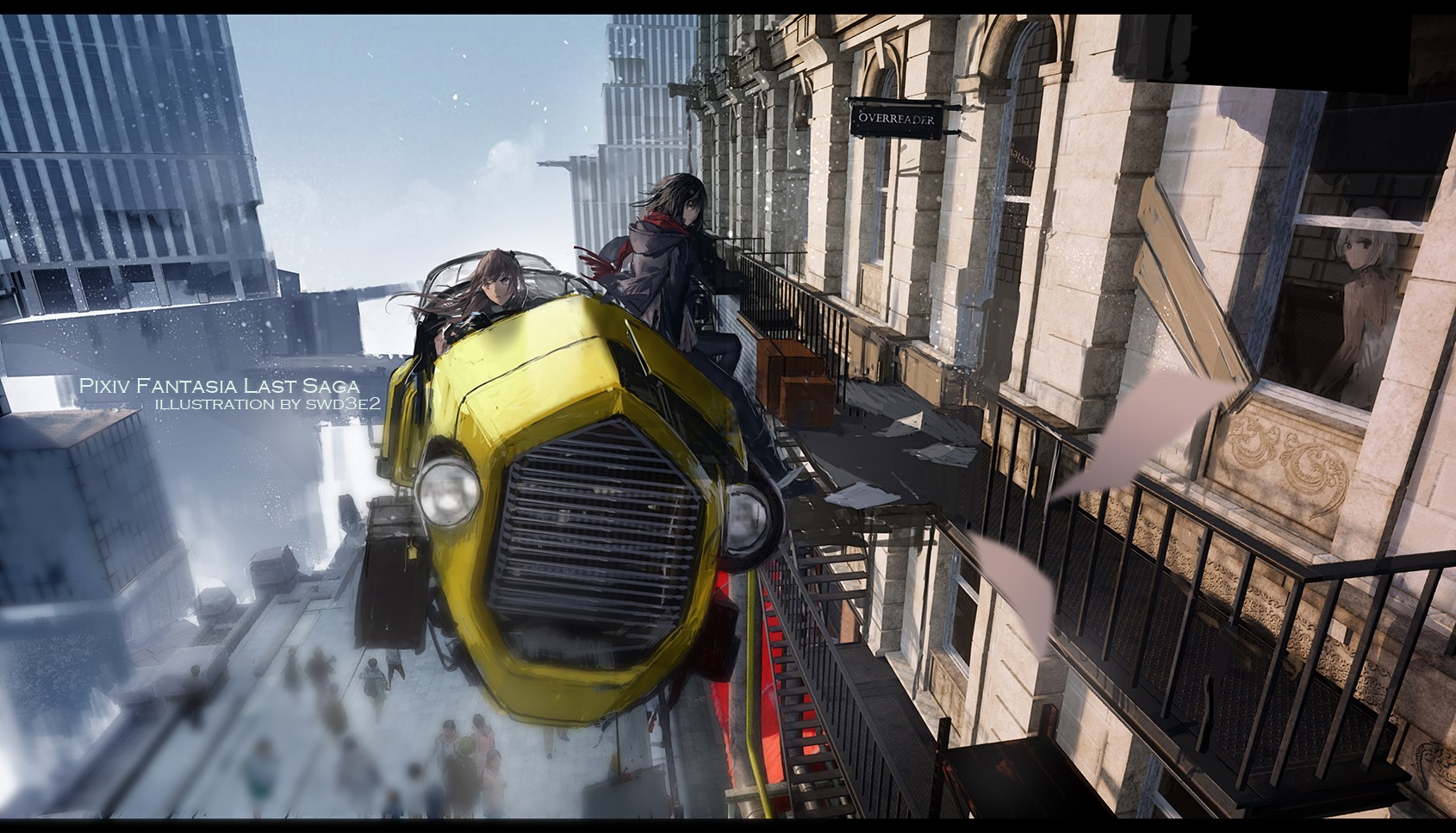Two anime girls in a yellow vehicle in a futuristic city HD Wallpaper