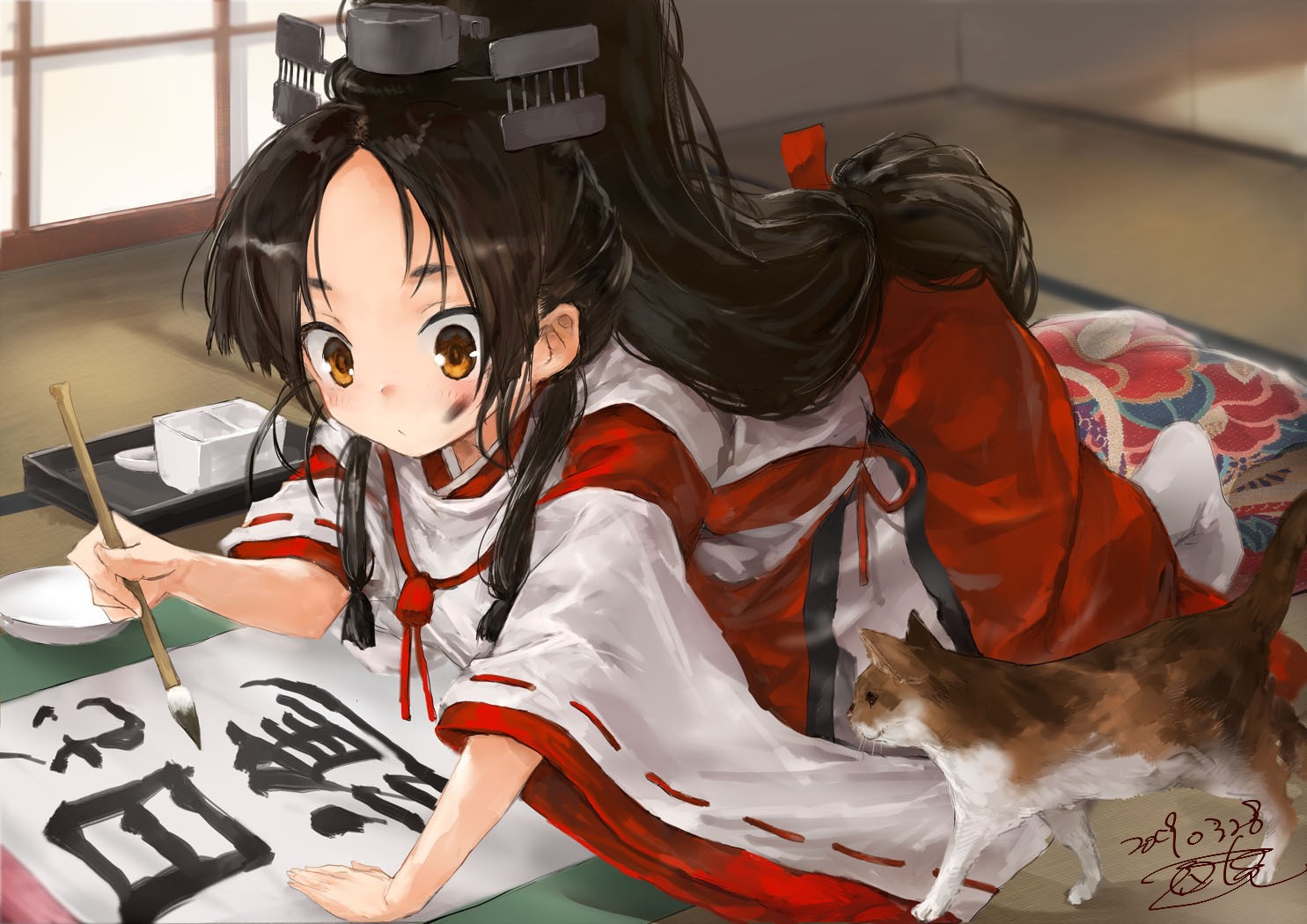 Kashima from Kantai Collection writing calligraphy with a cat HD Wallpaper