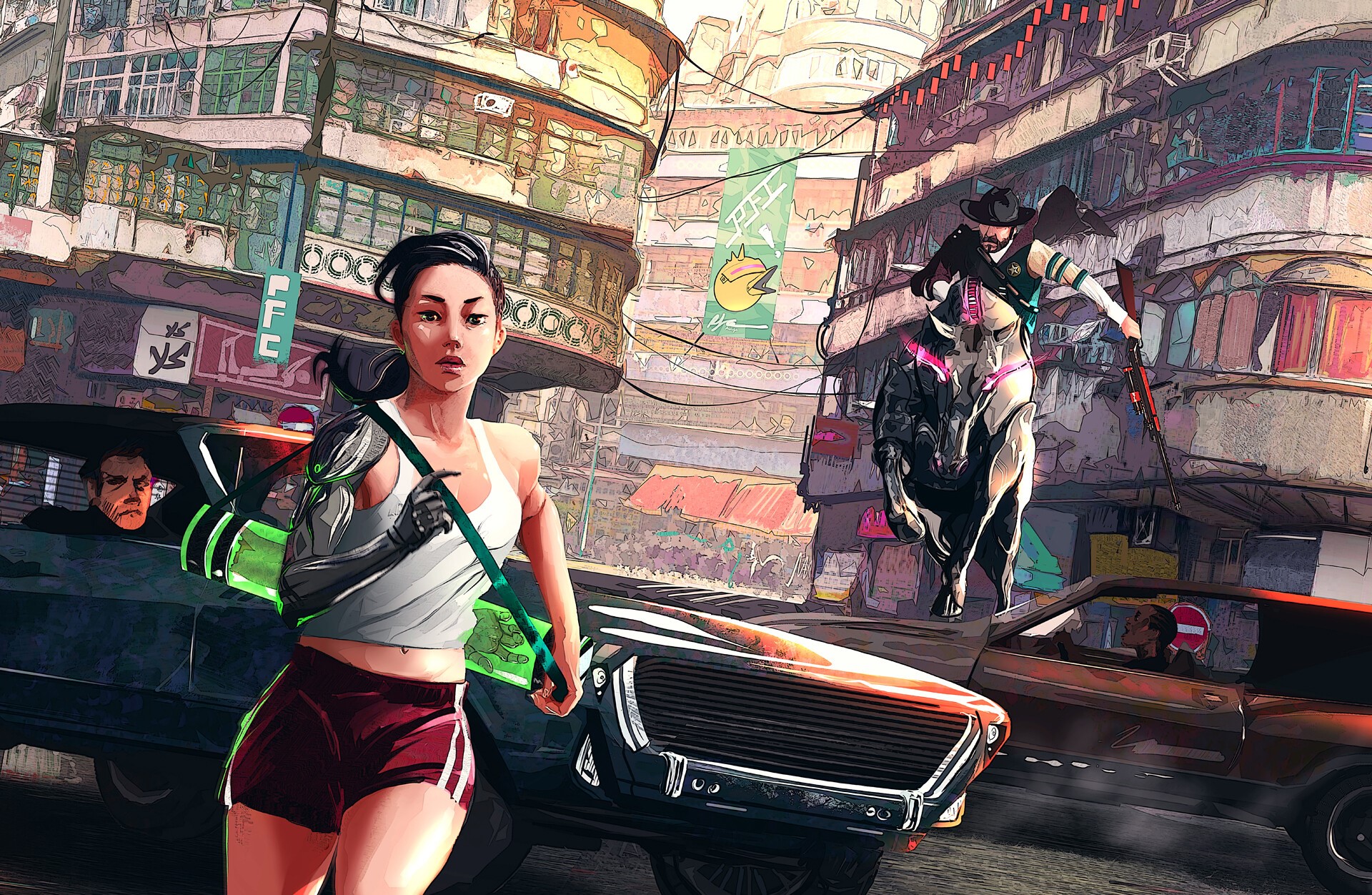 Cyborg woman running in futuristic city with cowboy on horse HD Wallpaper
