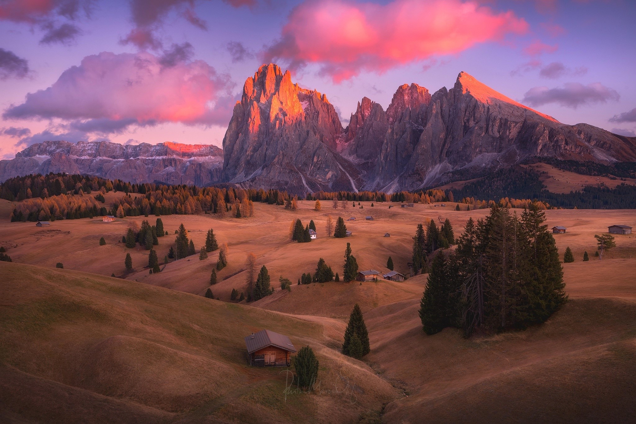 Alpenglow on the Dolomites Mountains at Sunset HD Wallpaper