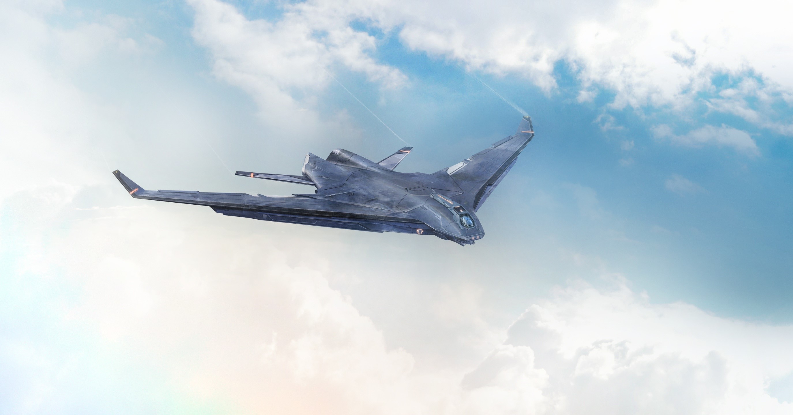 Futuristic military aircraft flying in the sky HD Wallpaper
