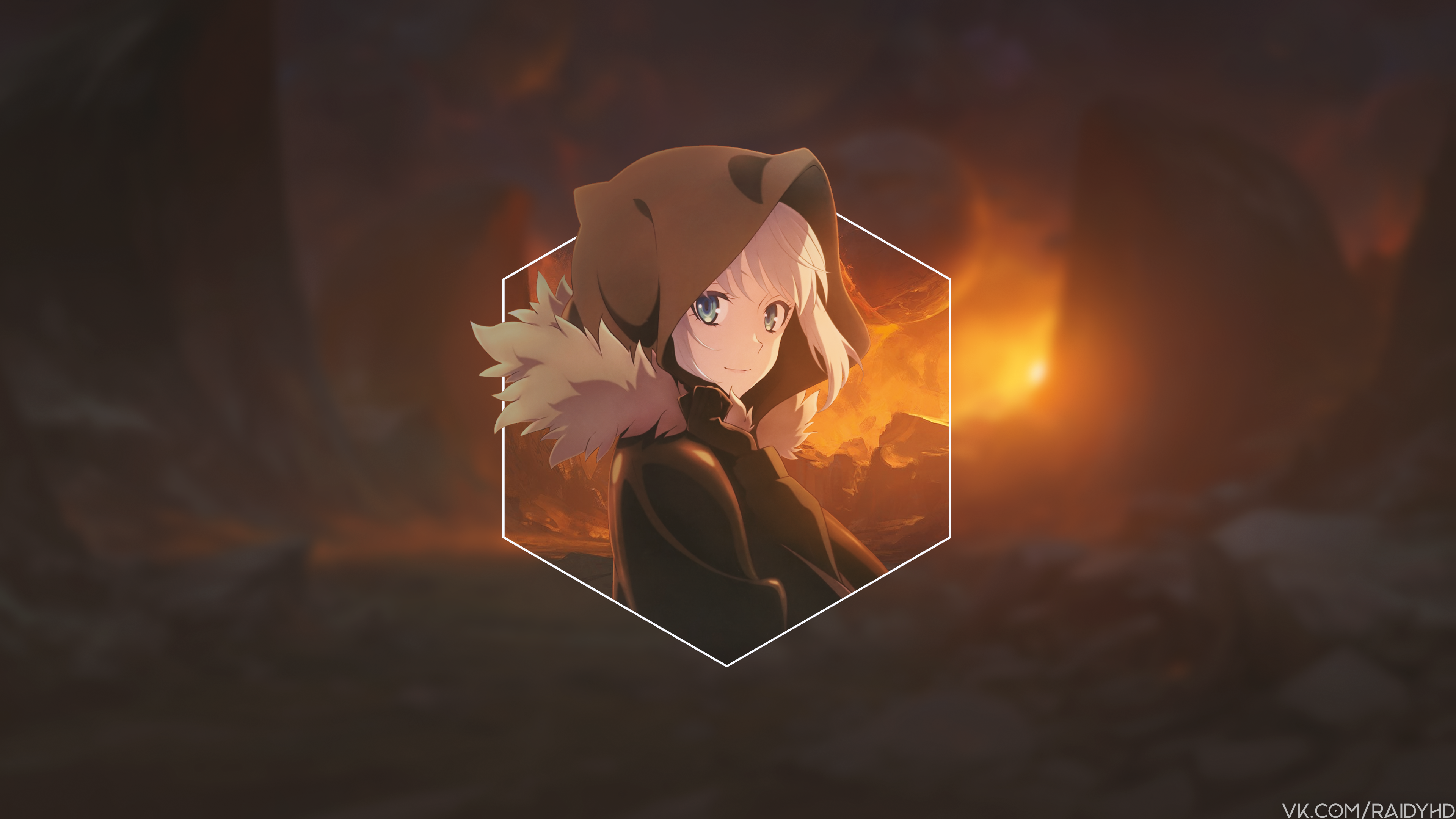Anime girl with hood and fur collar HD Wallpaper