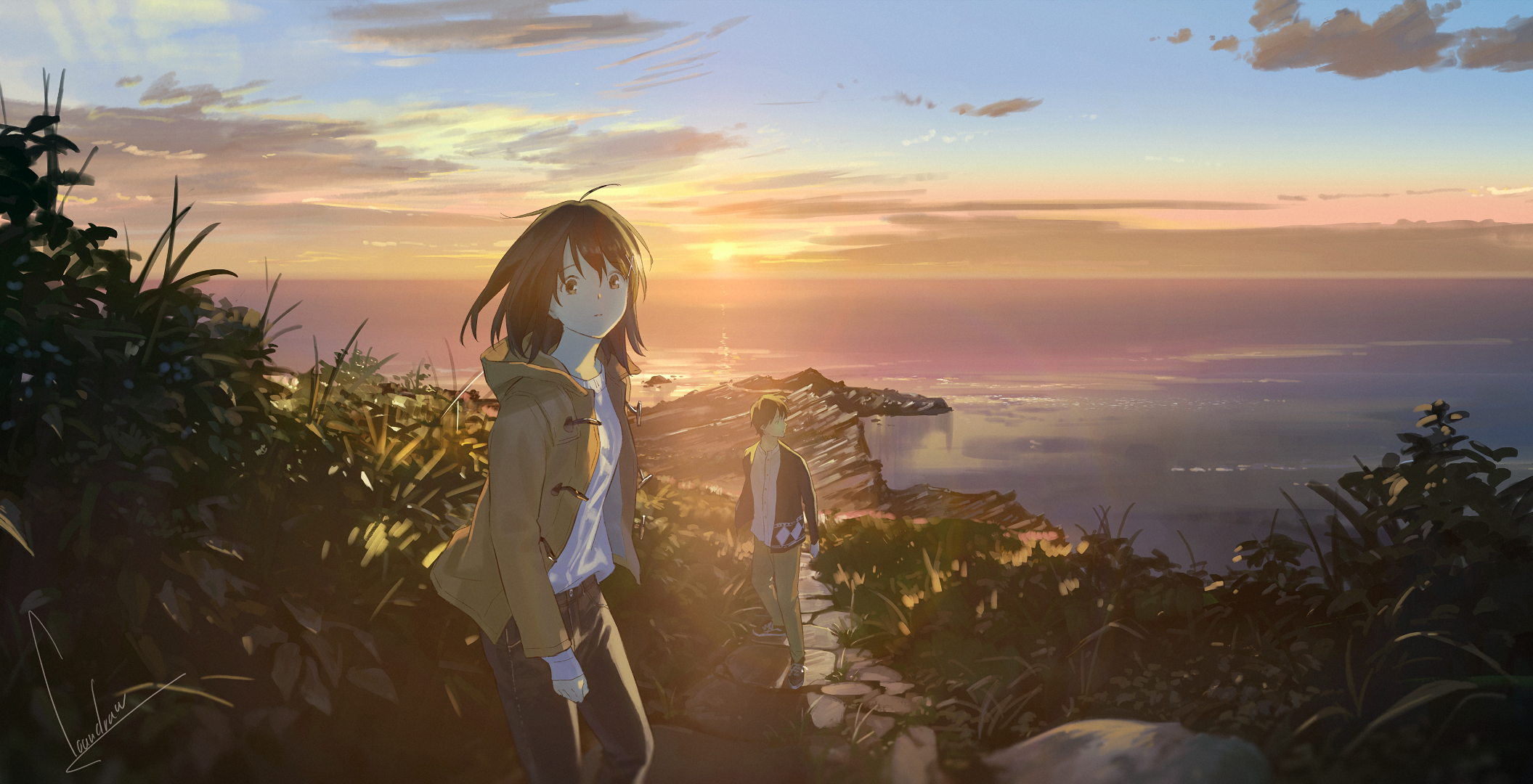 Anime couple on a cliff overlooking the sea at sunset HD Wallpaper