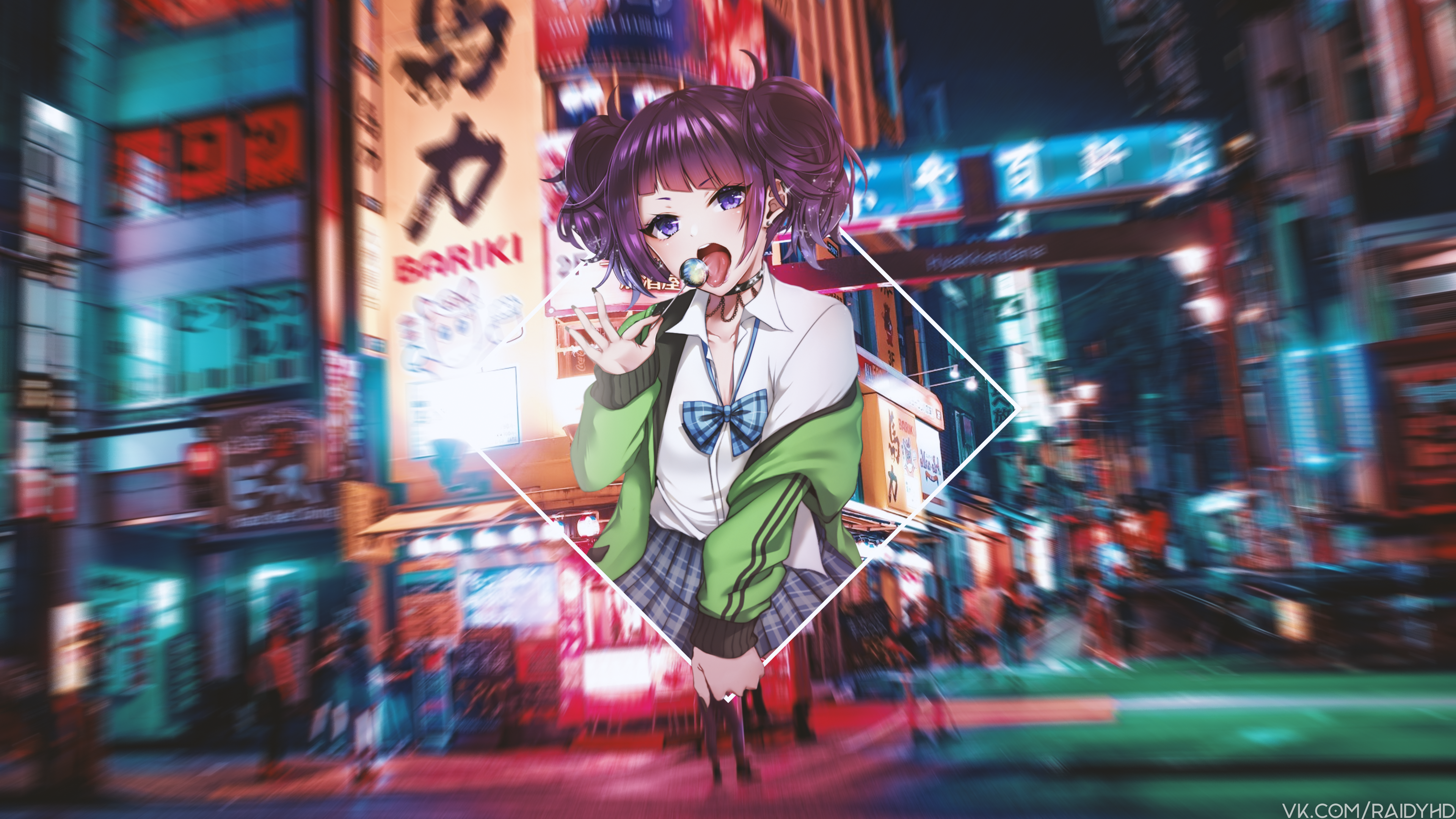 4K Anime Girl with Lollipop in Neon City HD Wallpaper