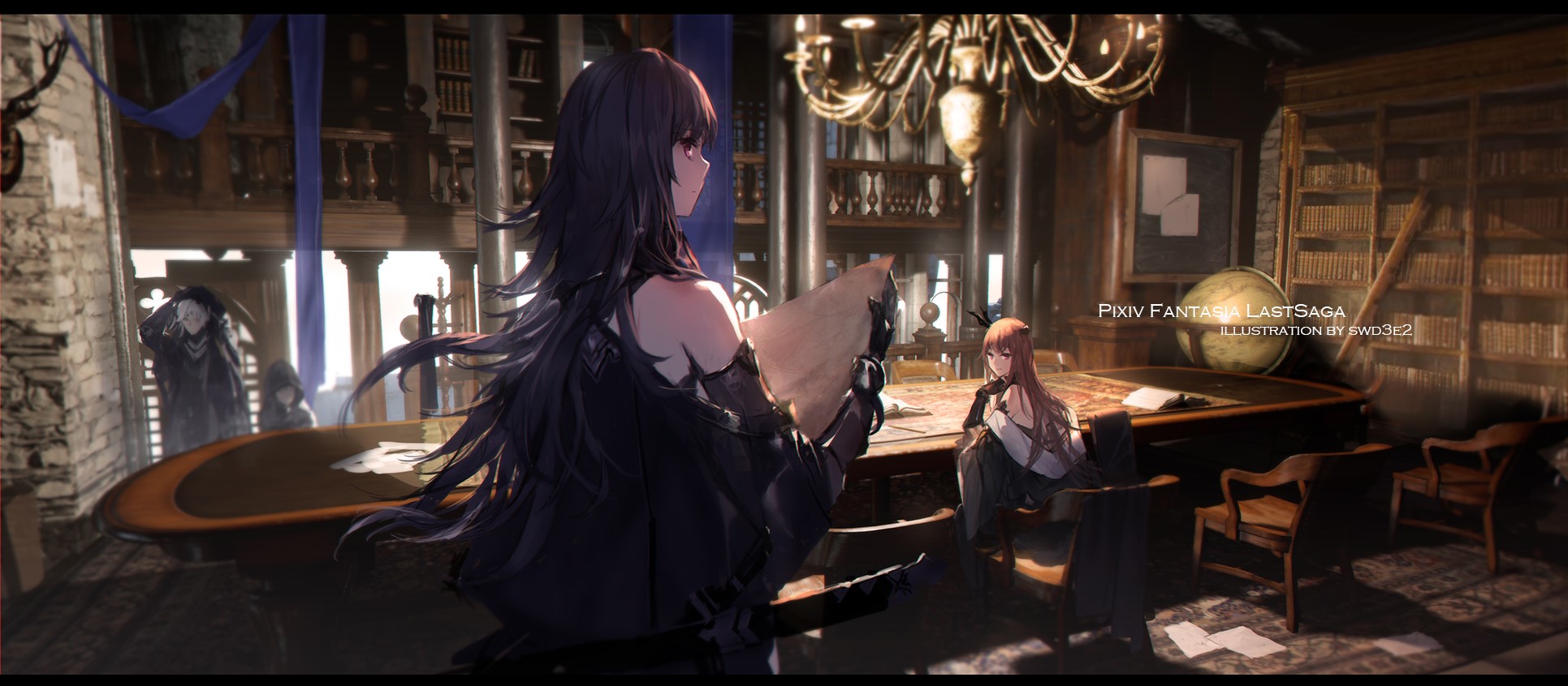 Anime girls in a library with books and a globe HD Wallpaper