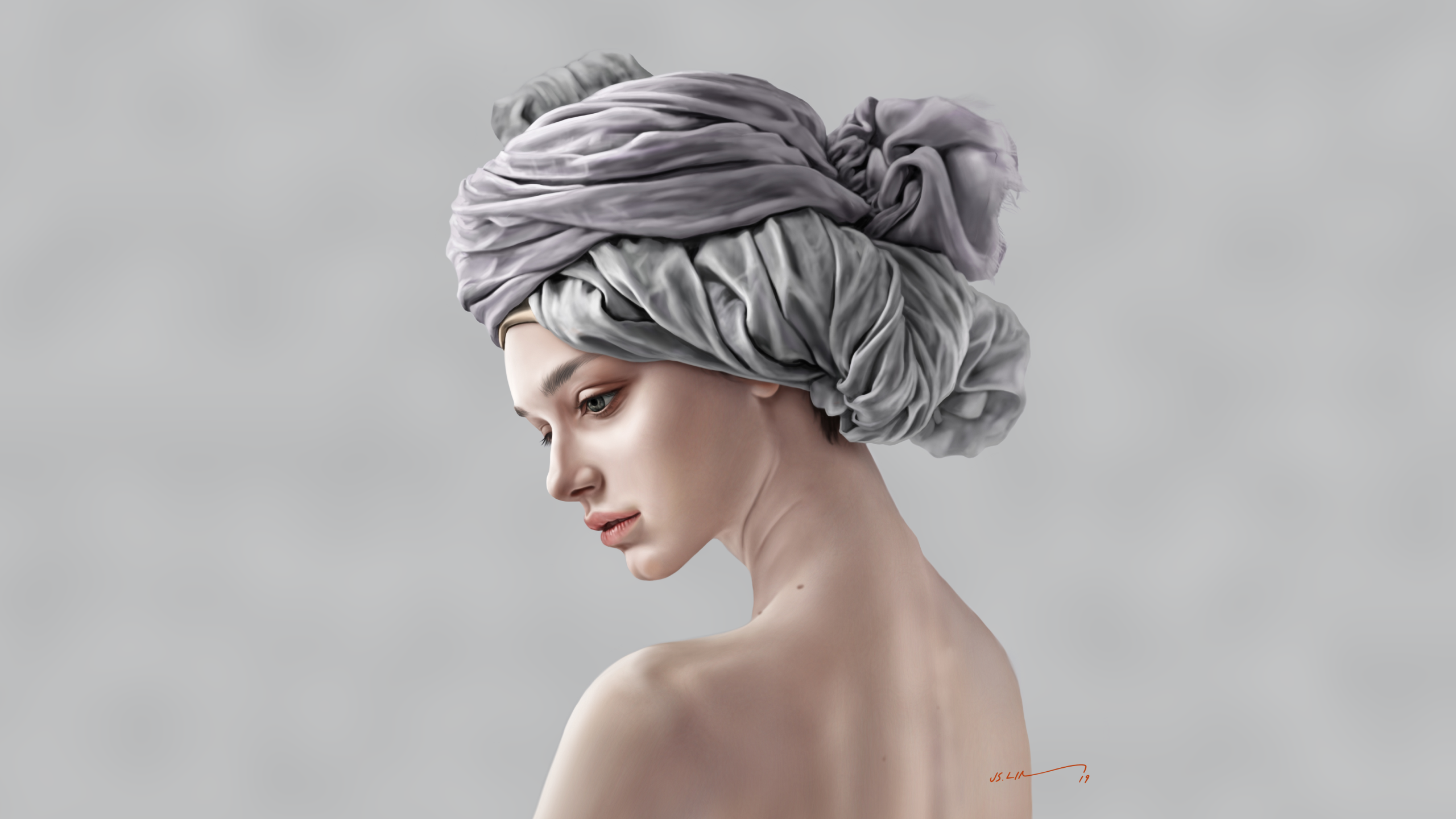 Digital painting of a woman with a gray headscarf HD Wallpaper