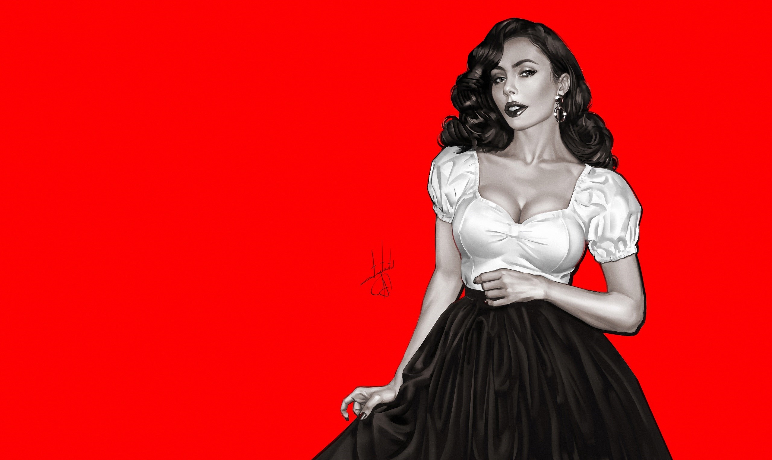 Artwork of a woman in a white top and black skirt HD Wallpaper