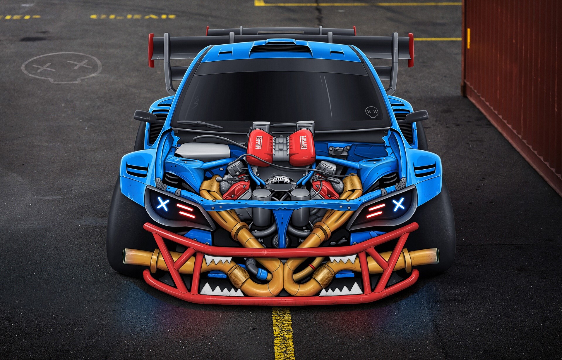 Blue rally car with exposed engine and aggressive front bumper HD Wallpaper