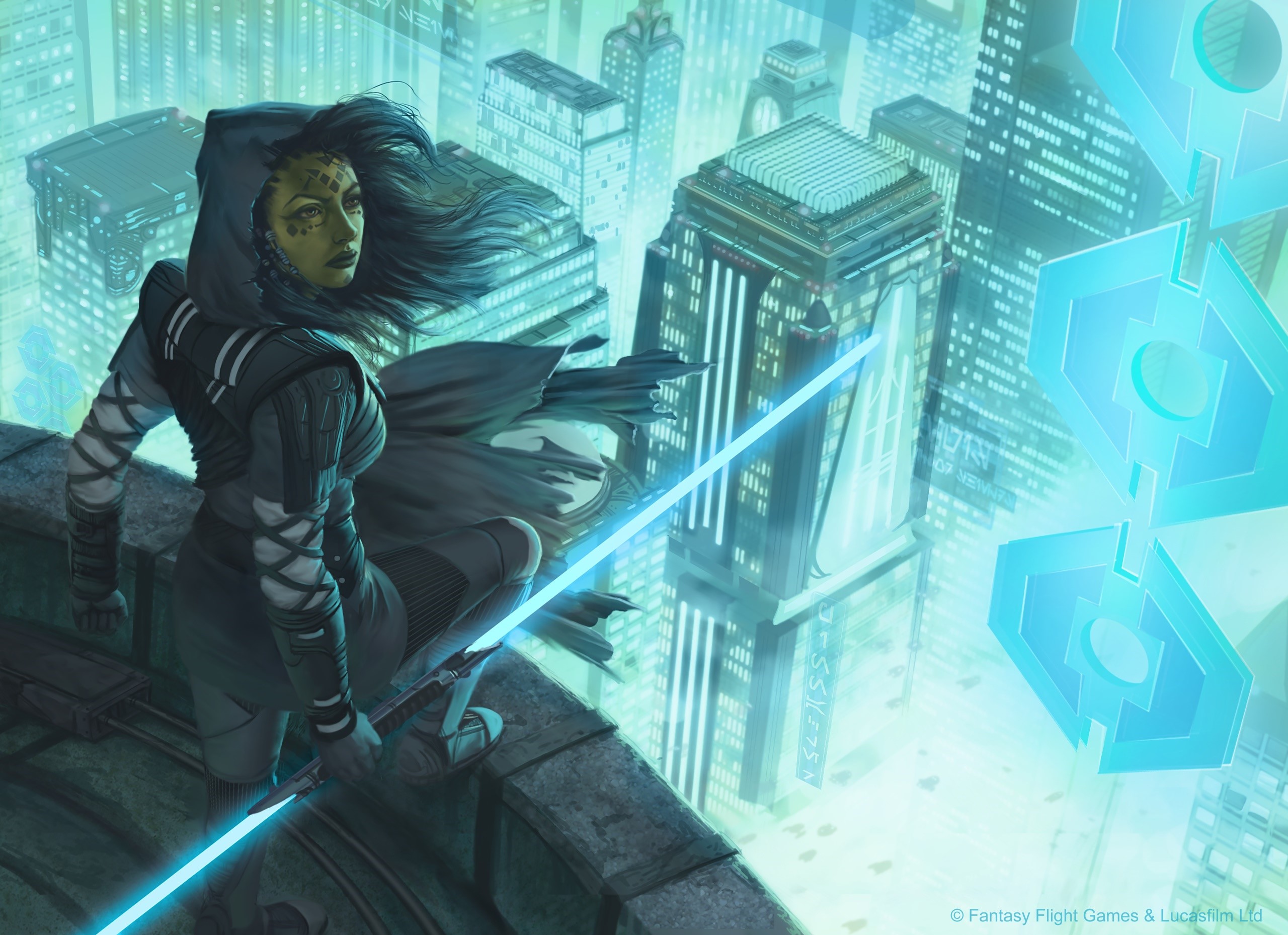 Twi'lek Jedi with blue lightsaber in futuristic city HD Wallpaper