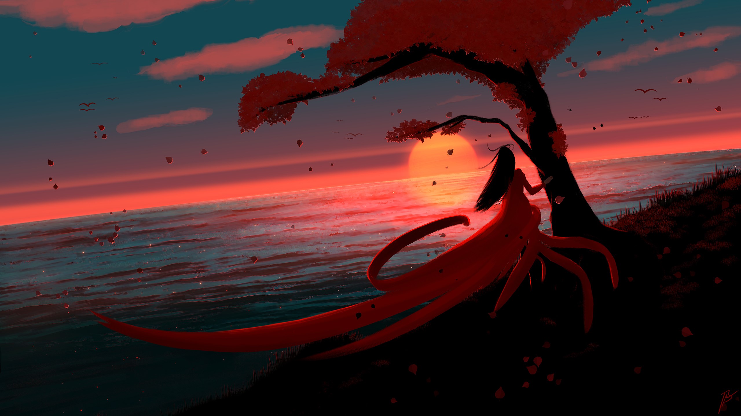Woman in red dress under tree at sunset by the sea HD Wallpaper