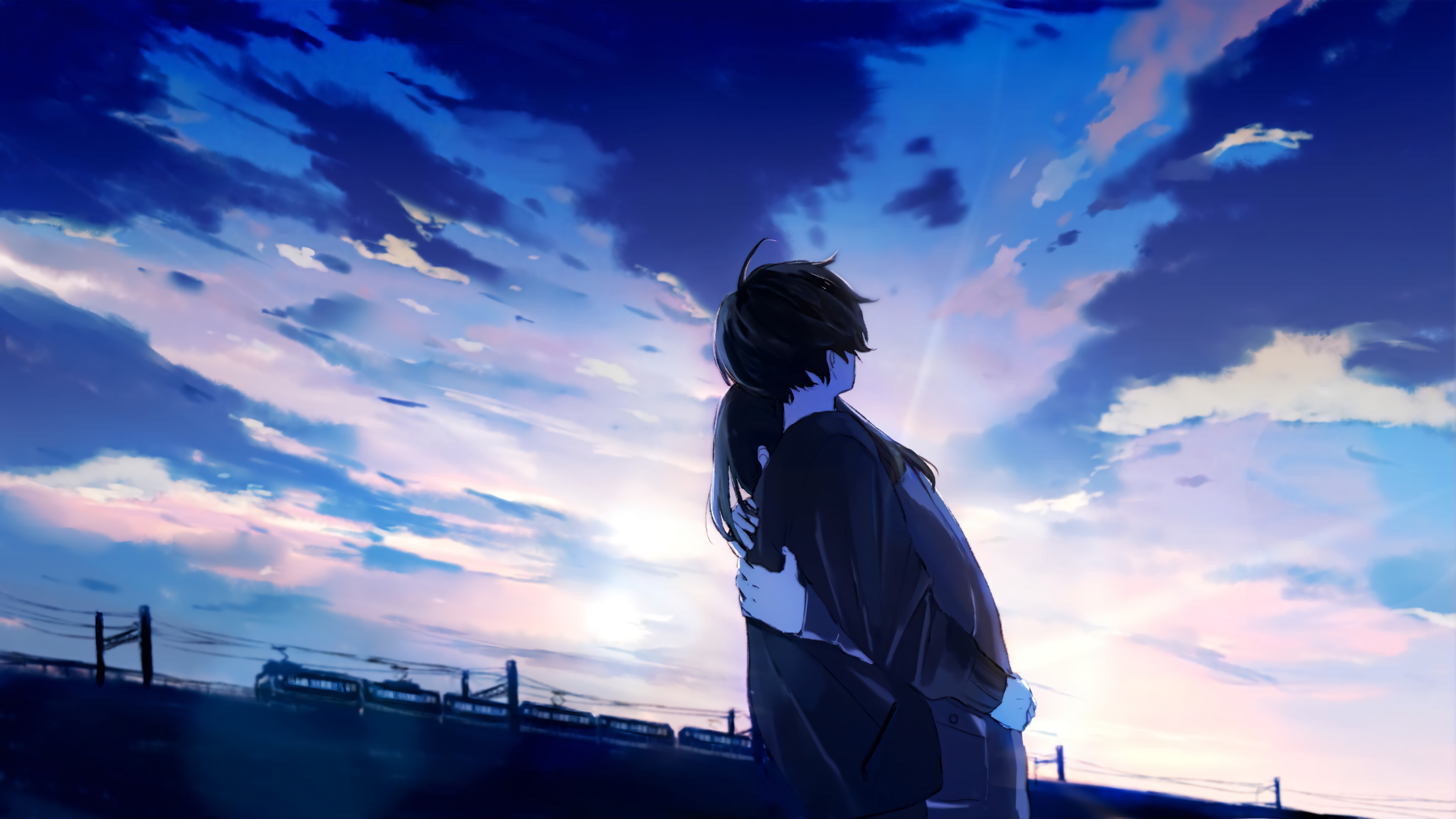 Anime couple hugging under a cloudy sky with a train HD Wallpaper