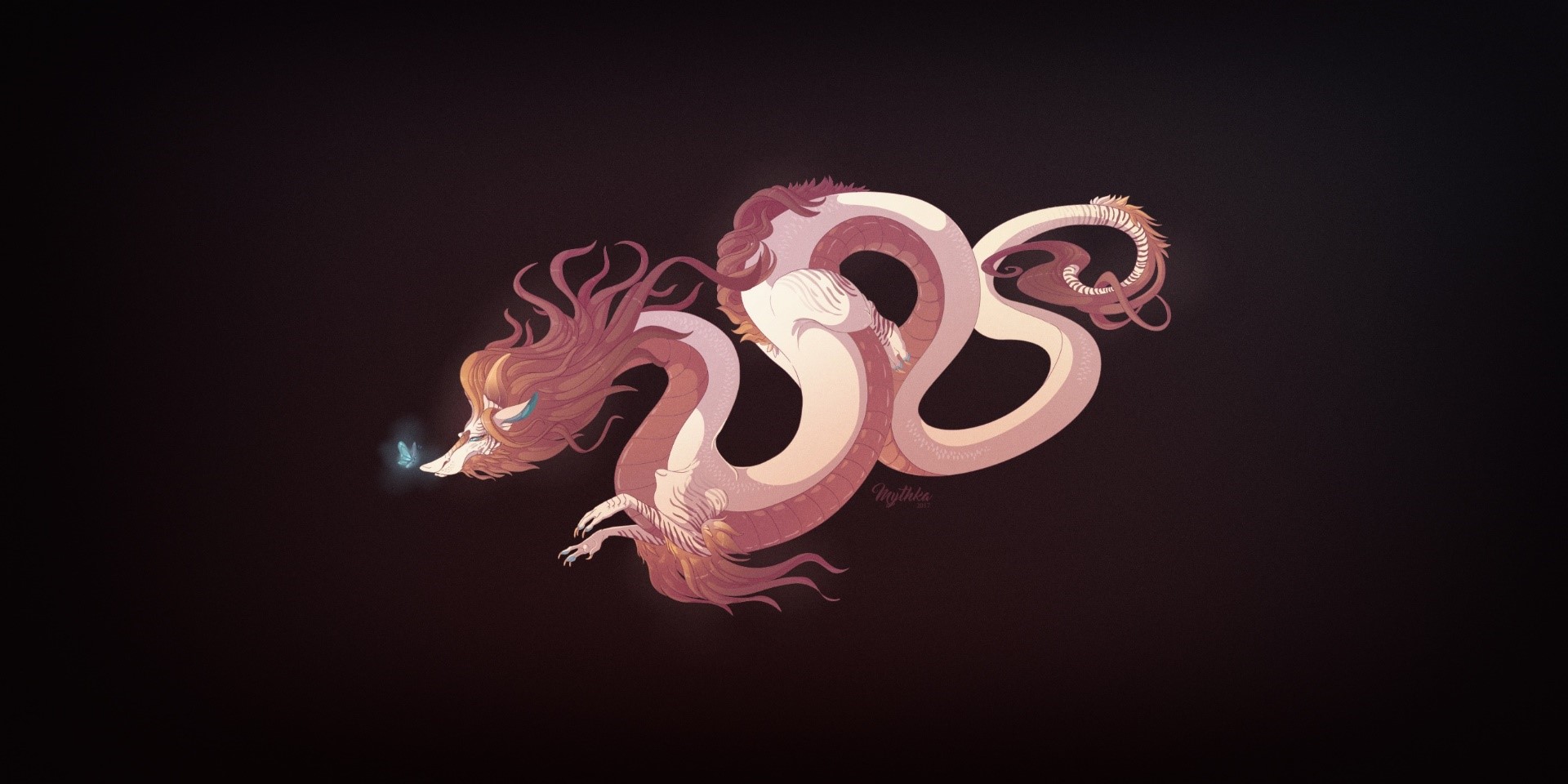 Dragon interacting with a butterfly HD Wallpaper