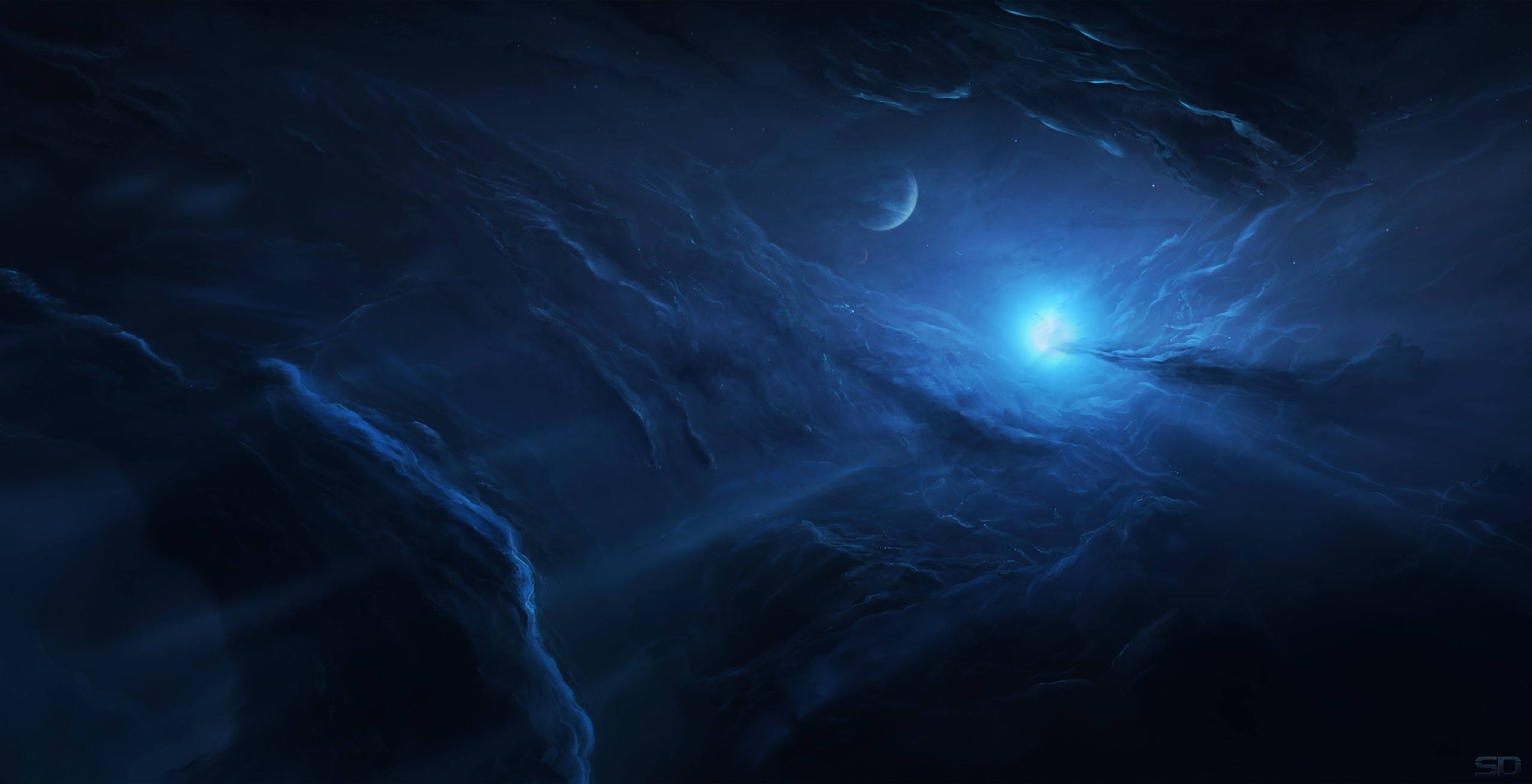 Space nebula with moon and bright light HD Wallpaper