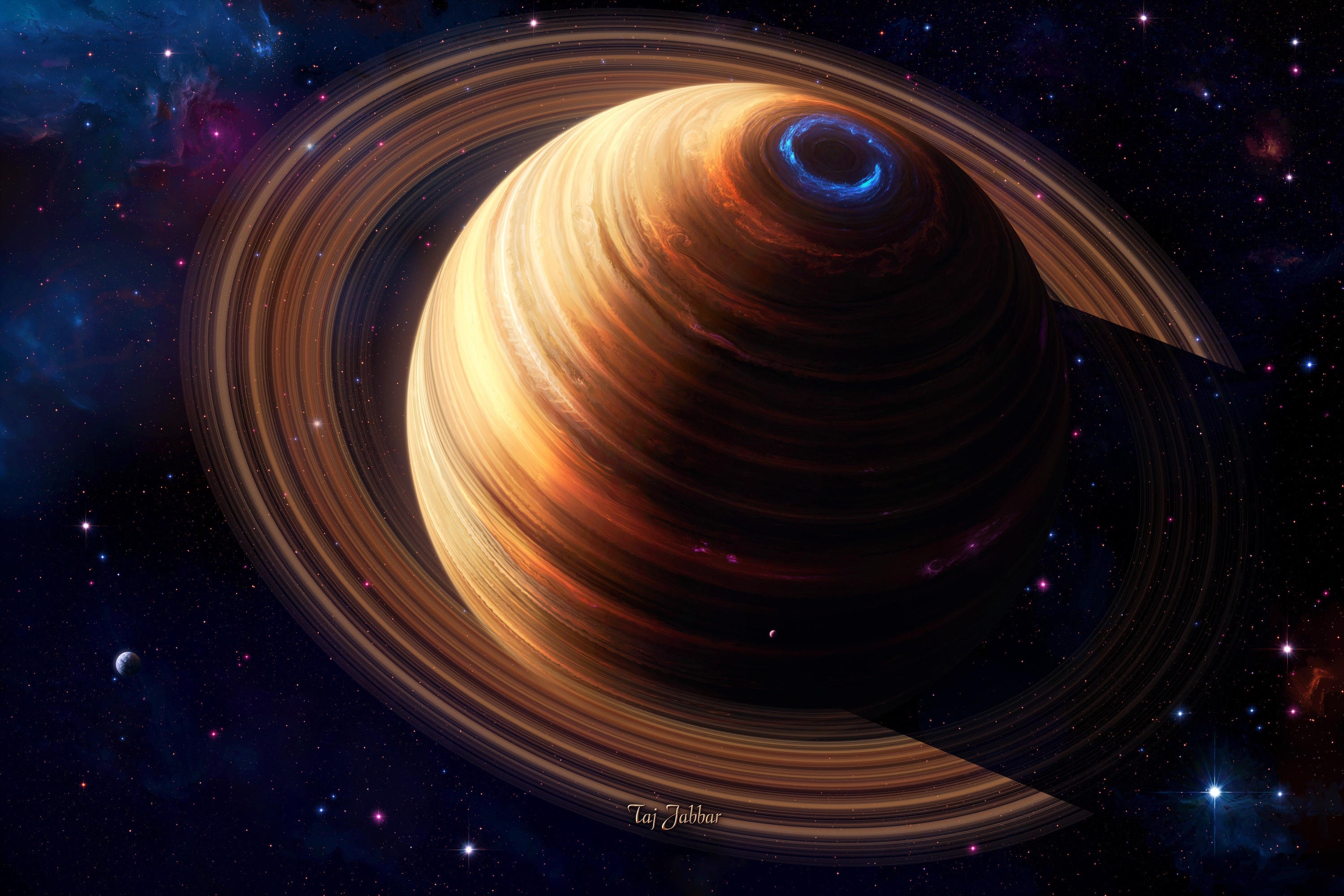 Saturn with rings and moons in space HD Wallpaper