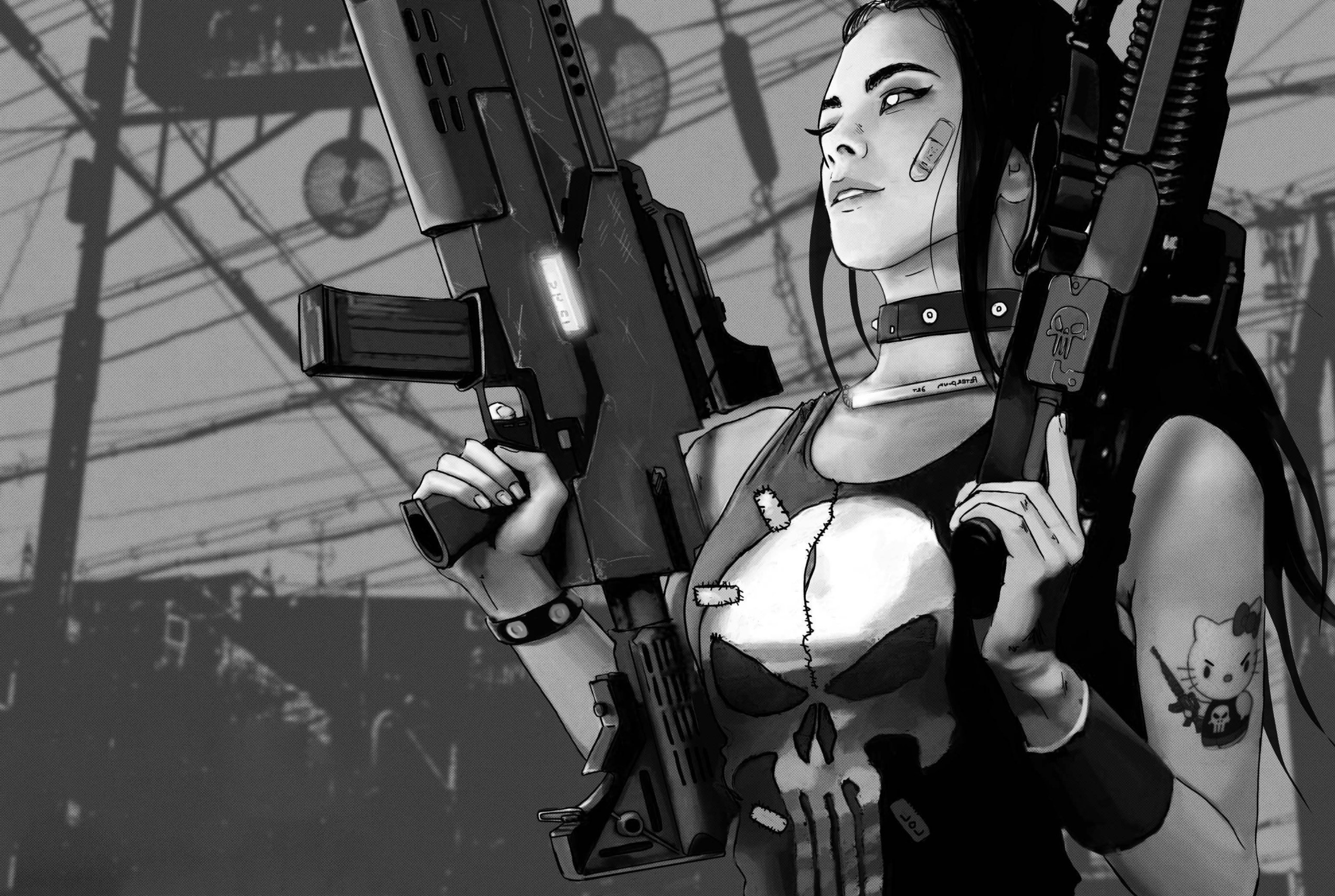 Woman with guns in cyberpunk setting HD Wallpaper