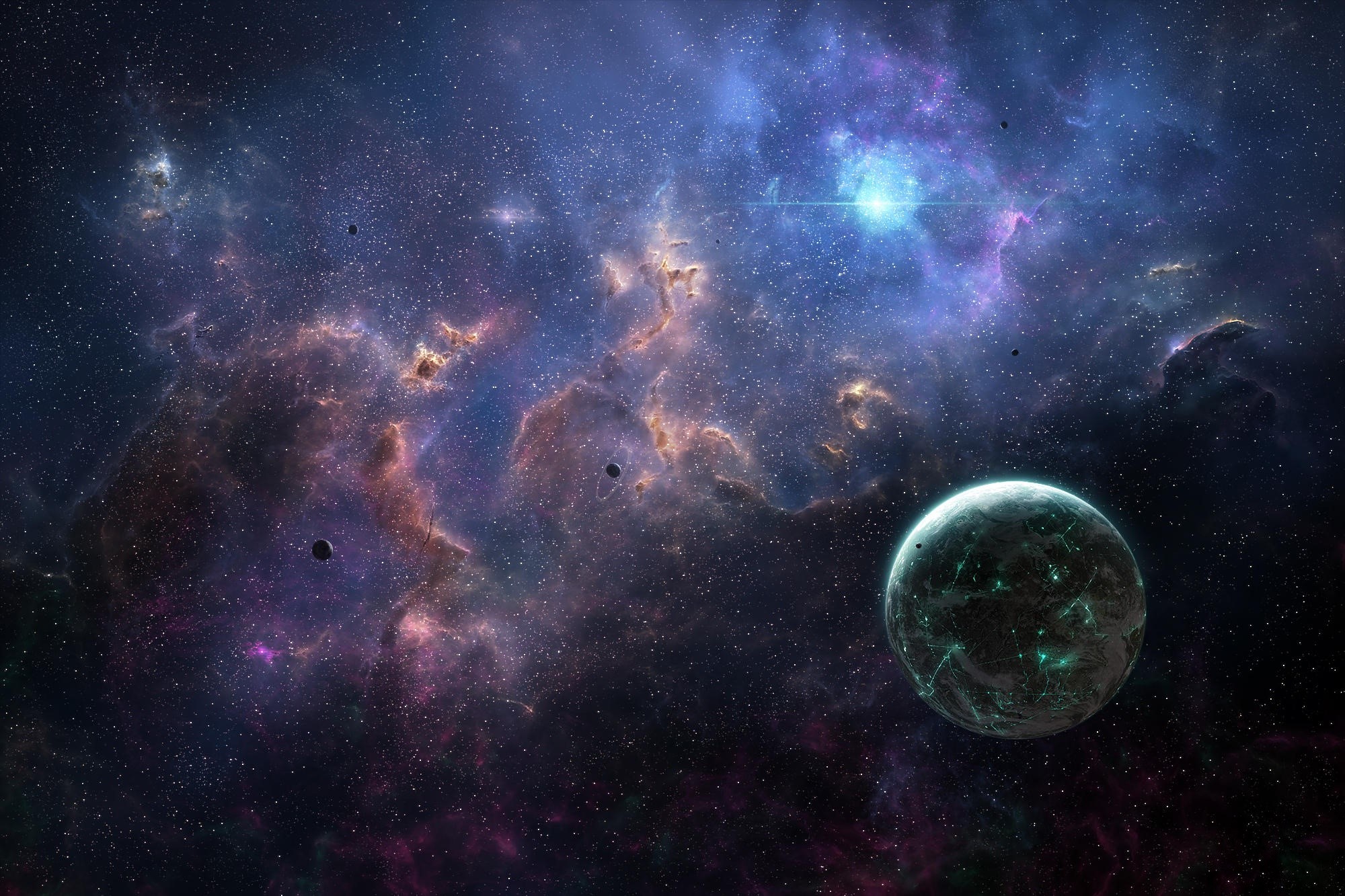 Planet in a colorful nebula with stars HD Wallpaper