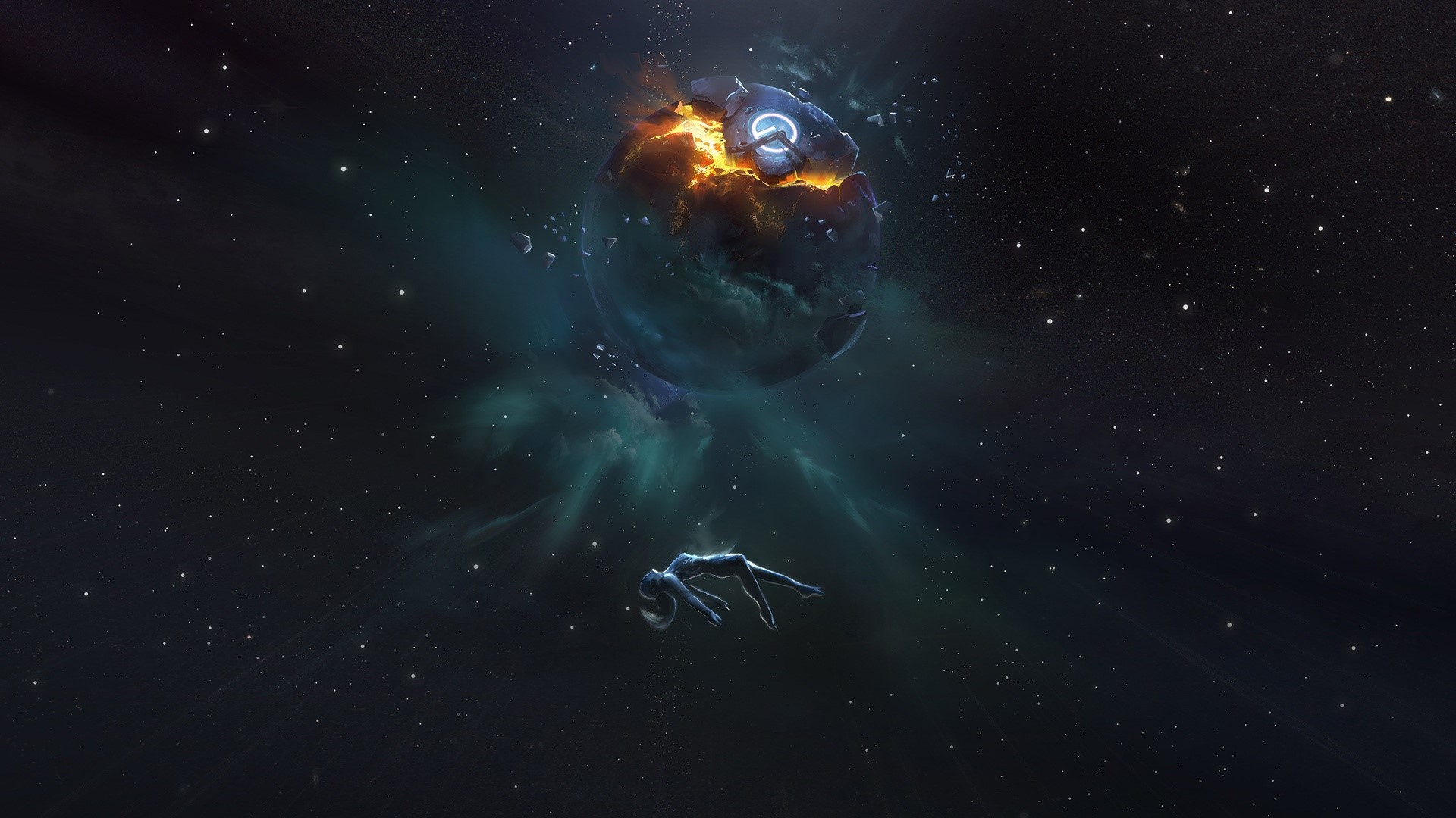 A person floats in space near a broken planet HD Wallpaper