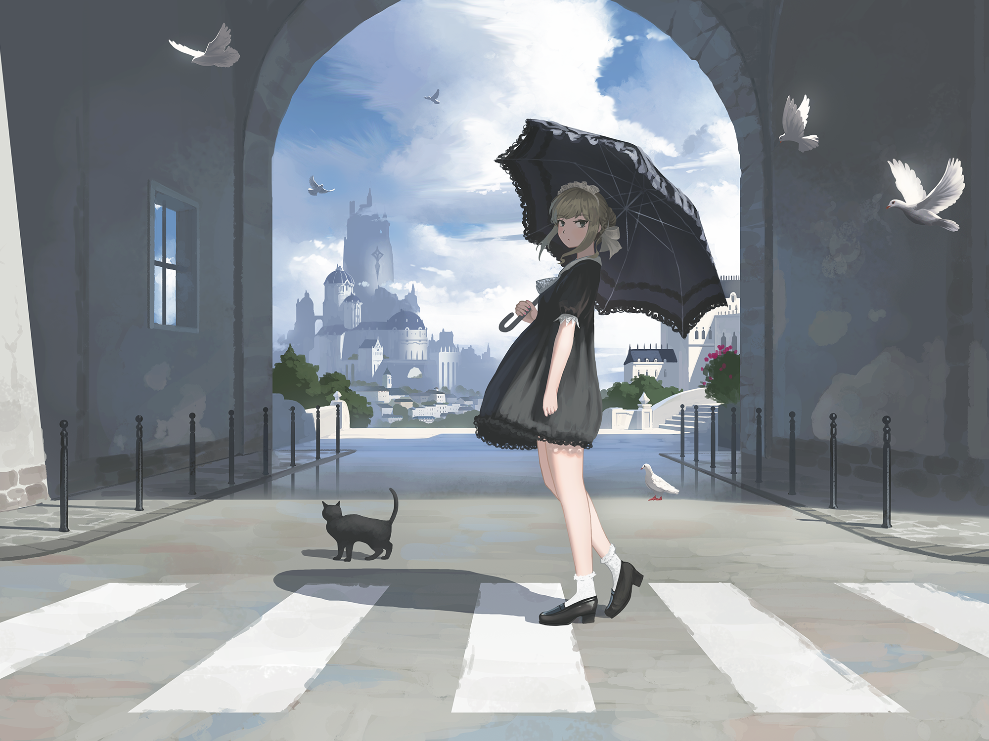 Anime girl with umbrella and cat in front of castle HD Wallpaper