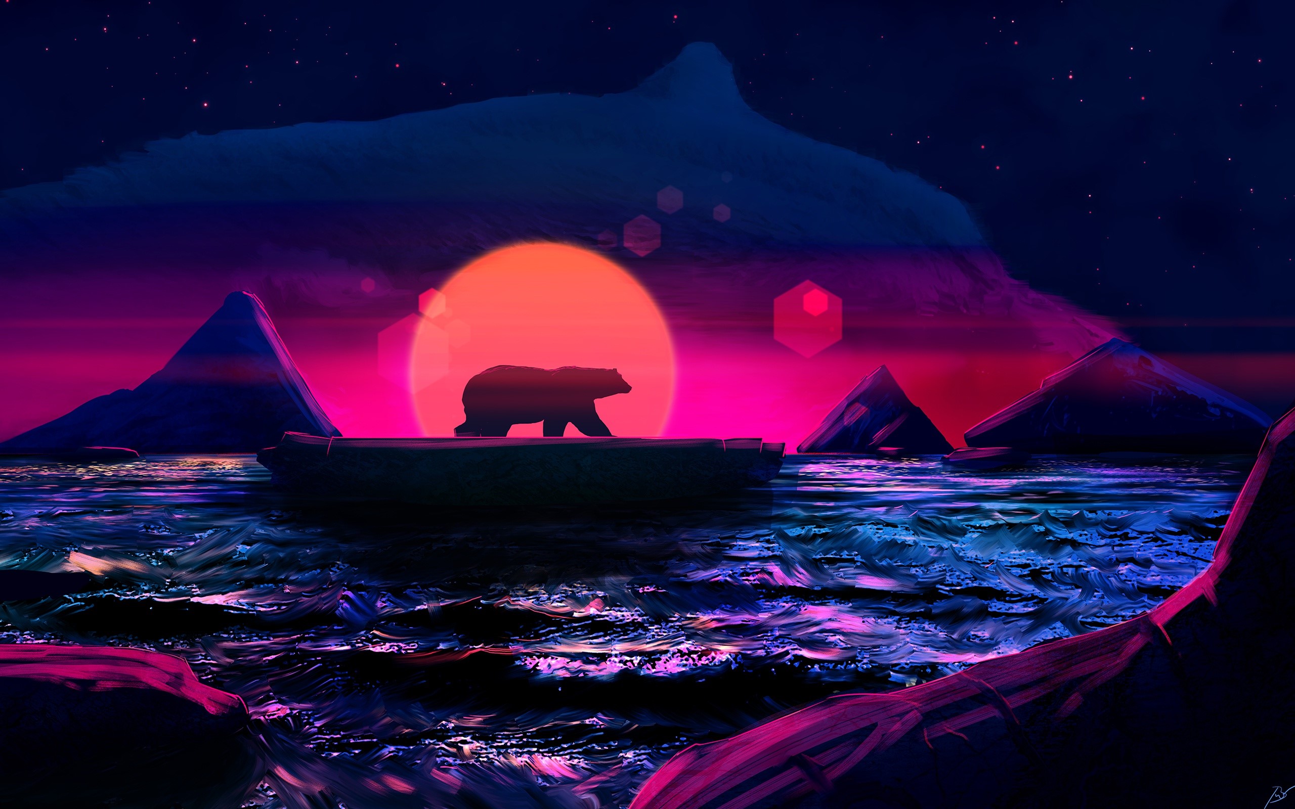Polar bear on a raft in a neon ocean at night HD Wallpaper
