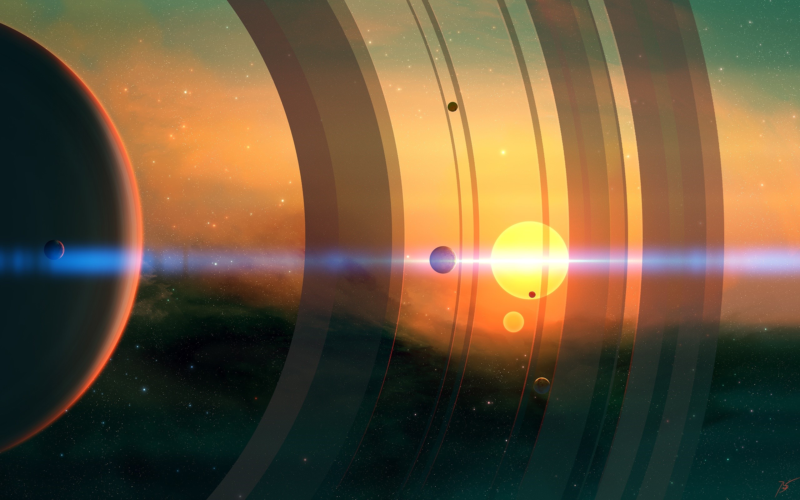 Digital art of a ringed planet with moons and a sun HD Wallpaper
