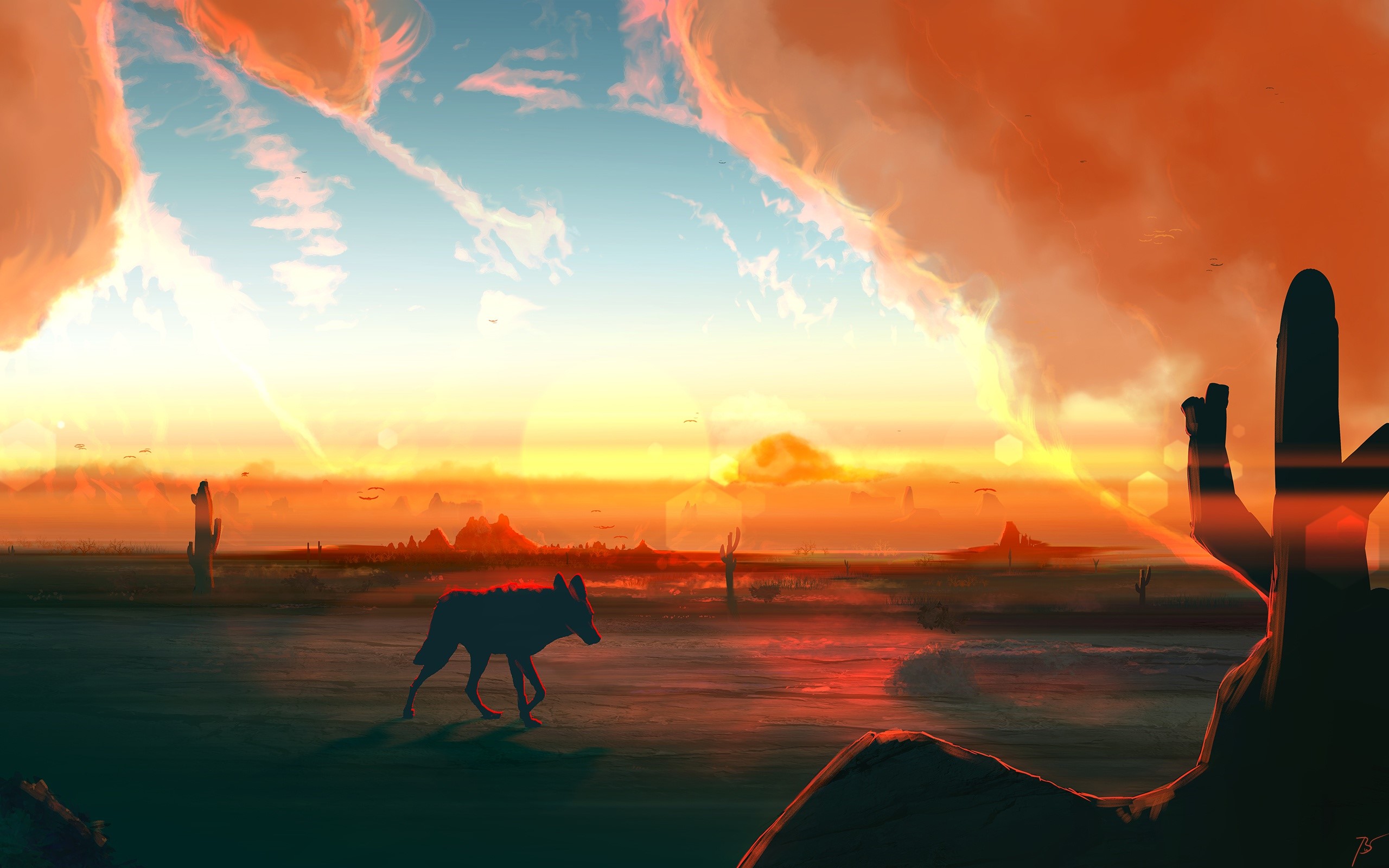 Artwork of a coyote in a desert landscape at sunset HD Wallpaper