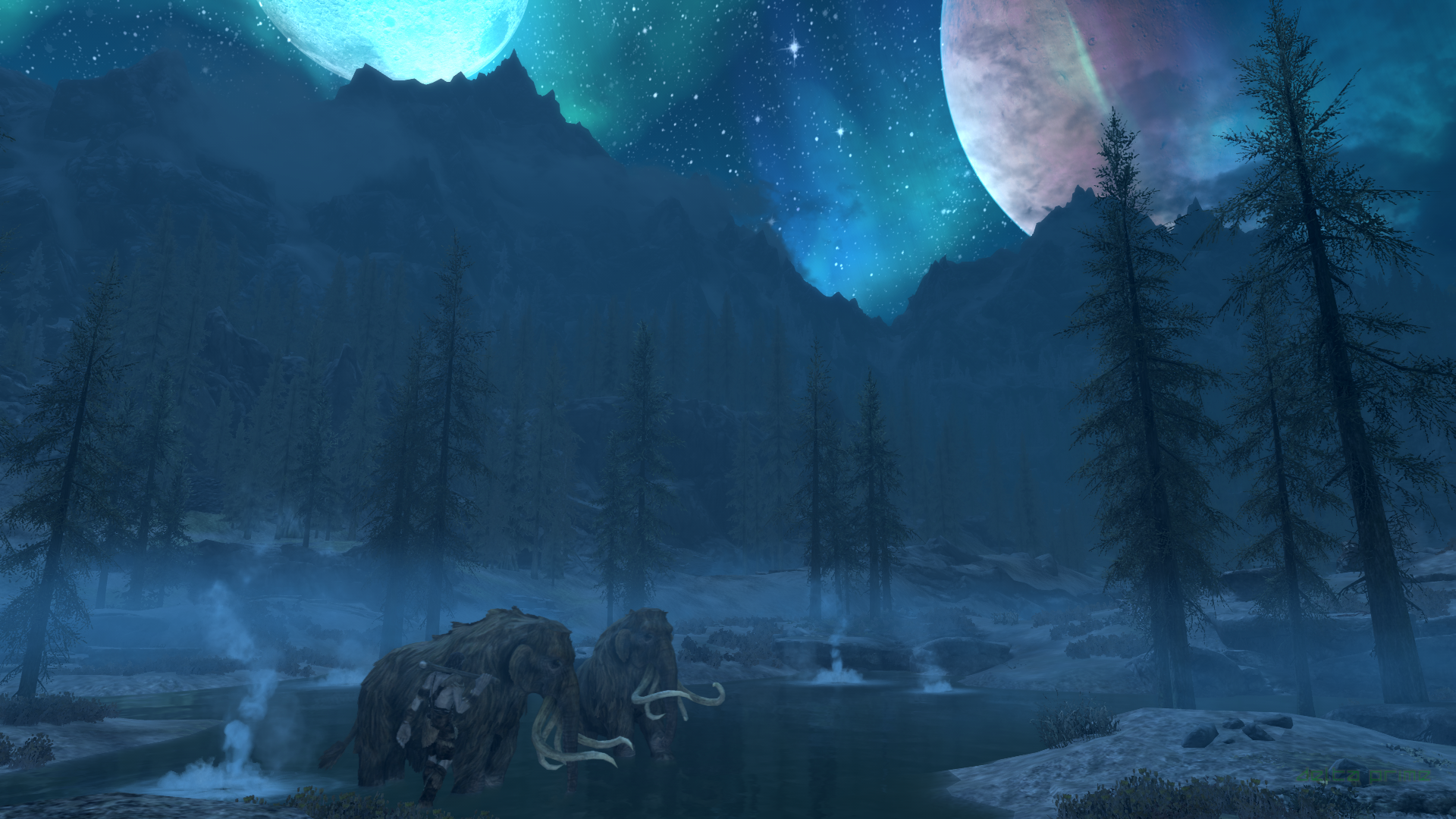 Mammoths in a misty landscape in The Elder Scrolls V: Skyrim HD Wallpaper