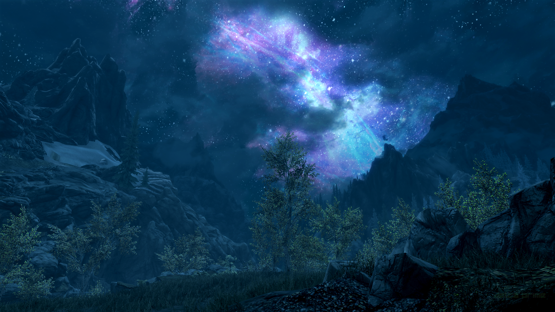 The Elder Scrolls V: Skyrim landscape with galaxy sky HD Wallpaper