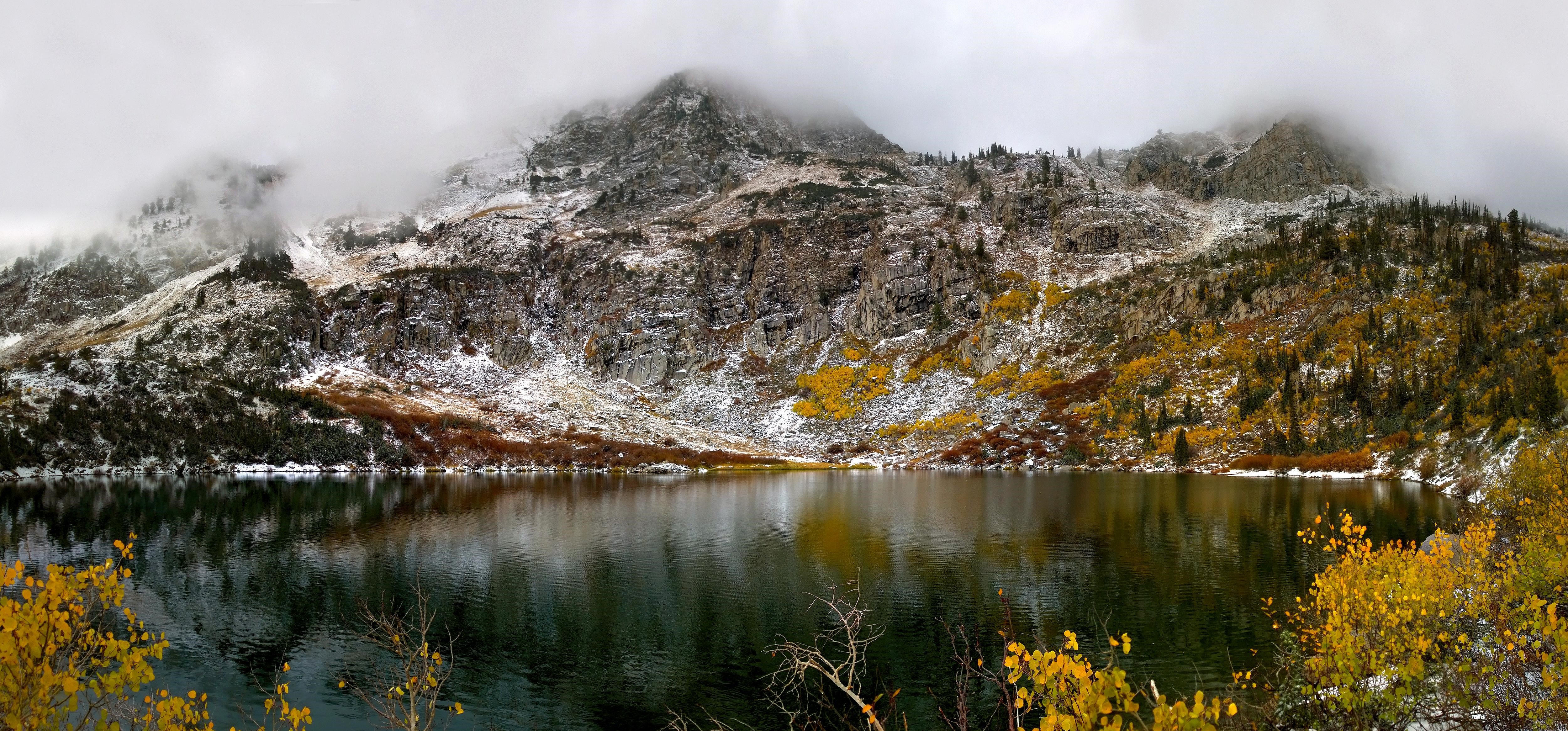 Lake and mountains with snow and autumn colors HD Wallpaper