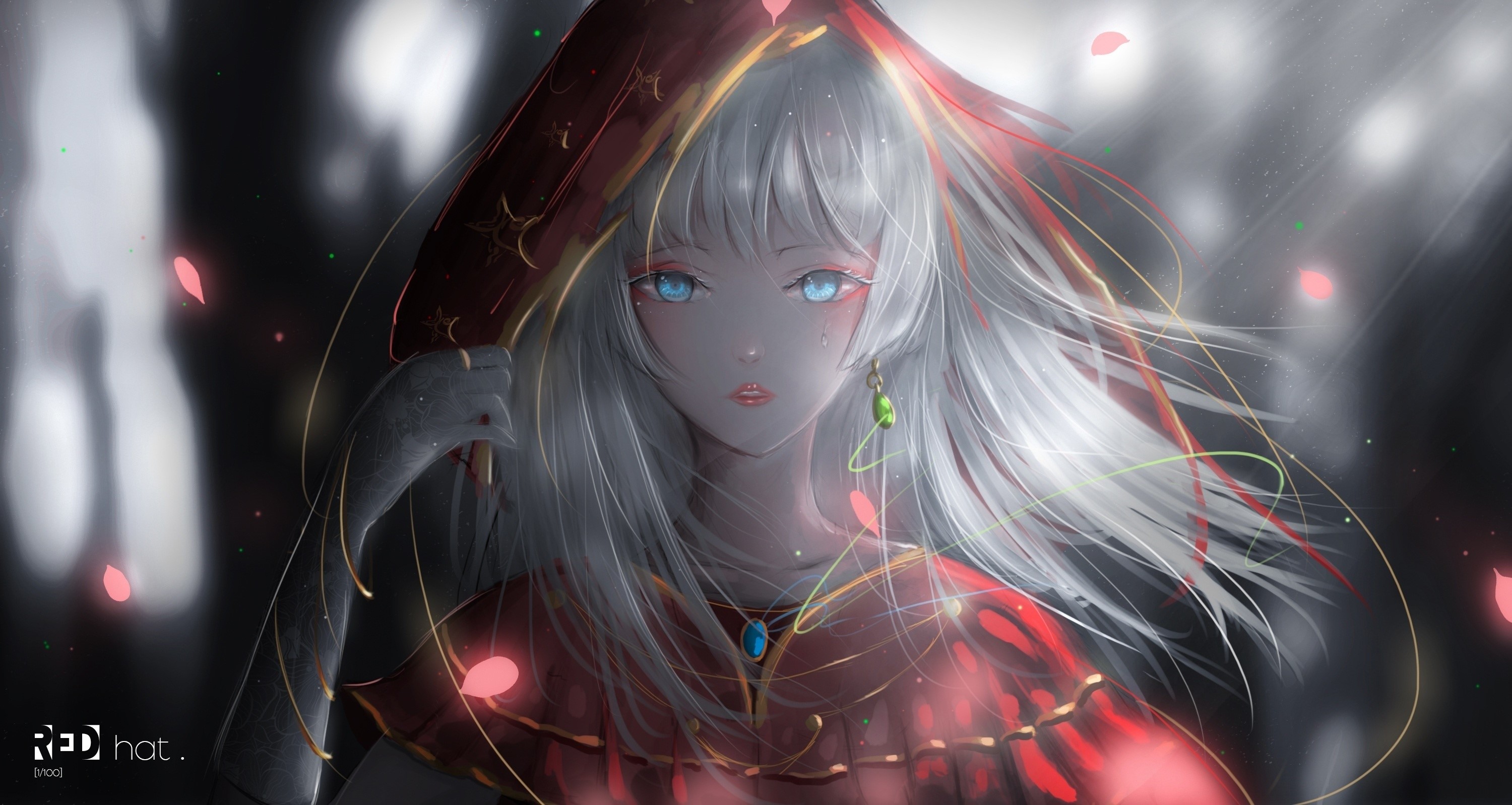 Anime girl with silver hair and red hood HD Wallpaper