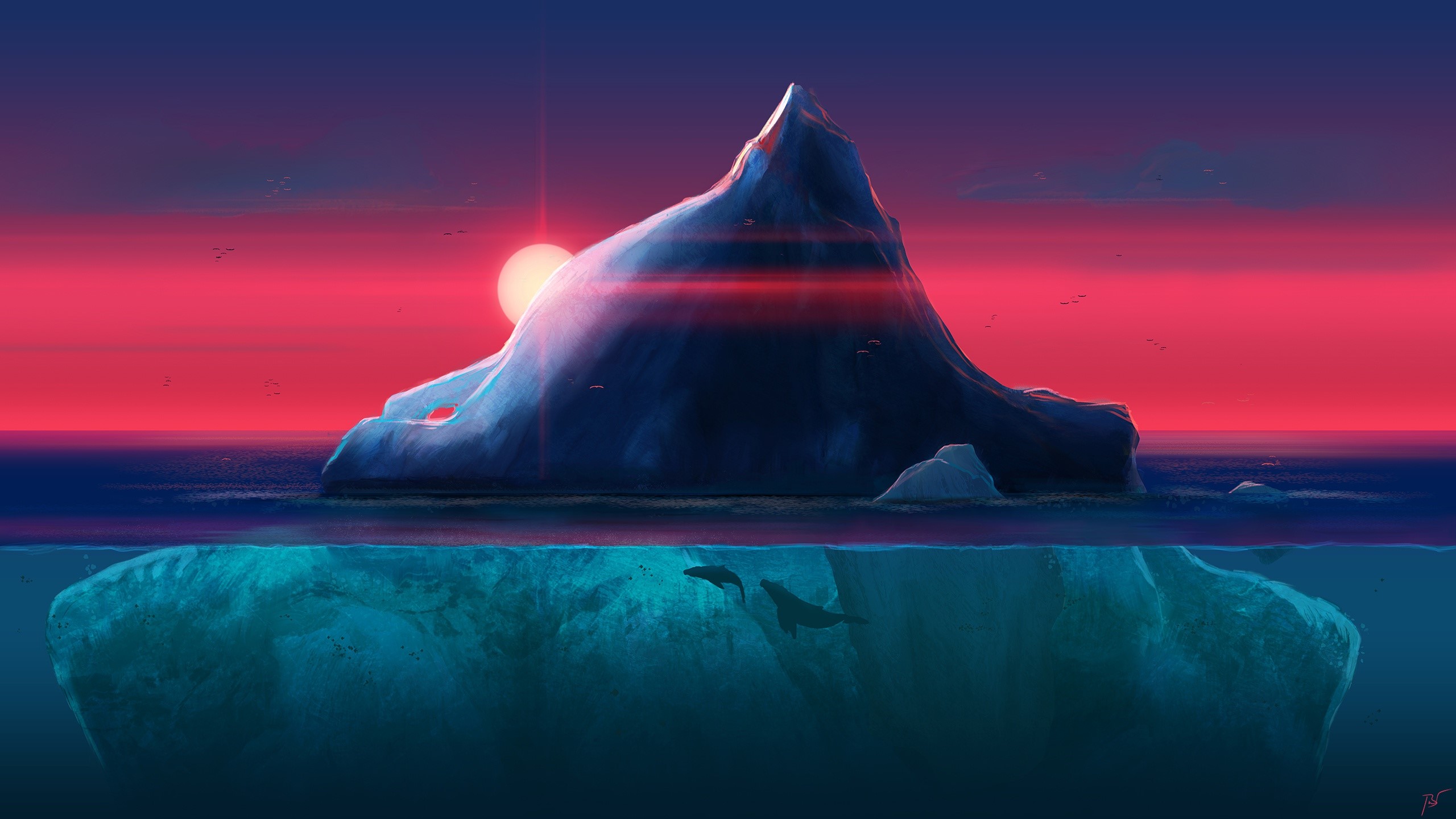 Artwork of an iceberg at sunset with whales underwater HD Wallpaper