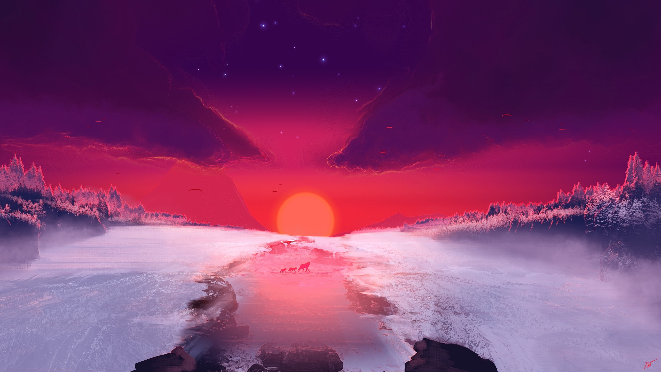 Artwork of animals walking in a snowy landscape at sunset HD Wallpaper