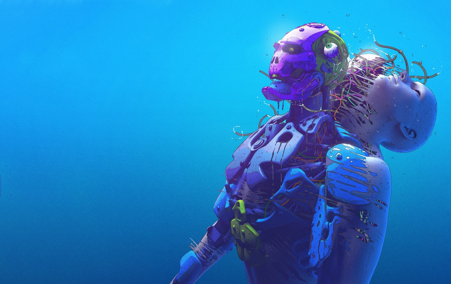 Robot with exposed wires and purple face in blue water HD Wallpaper