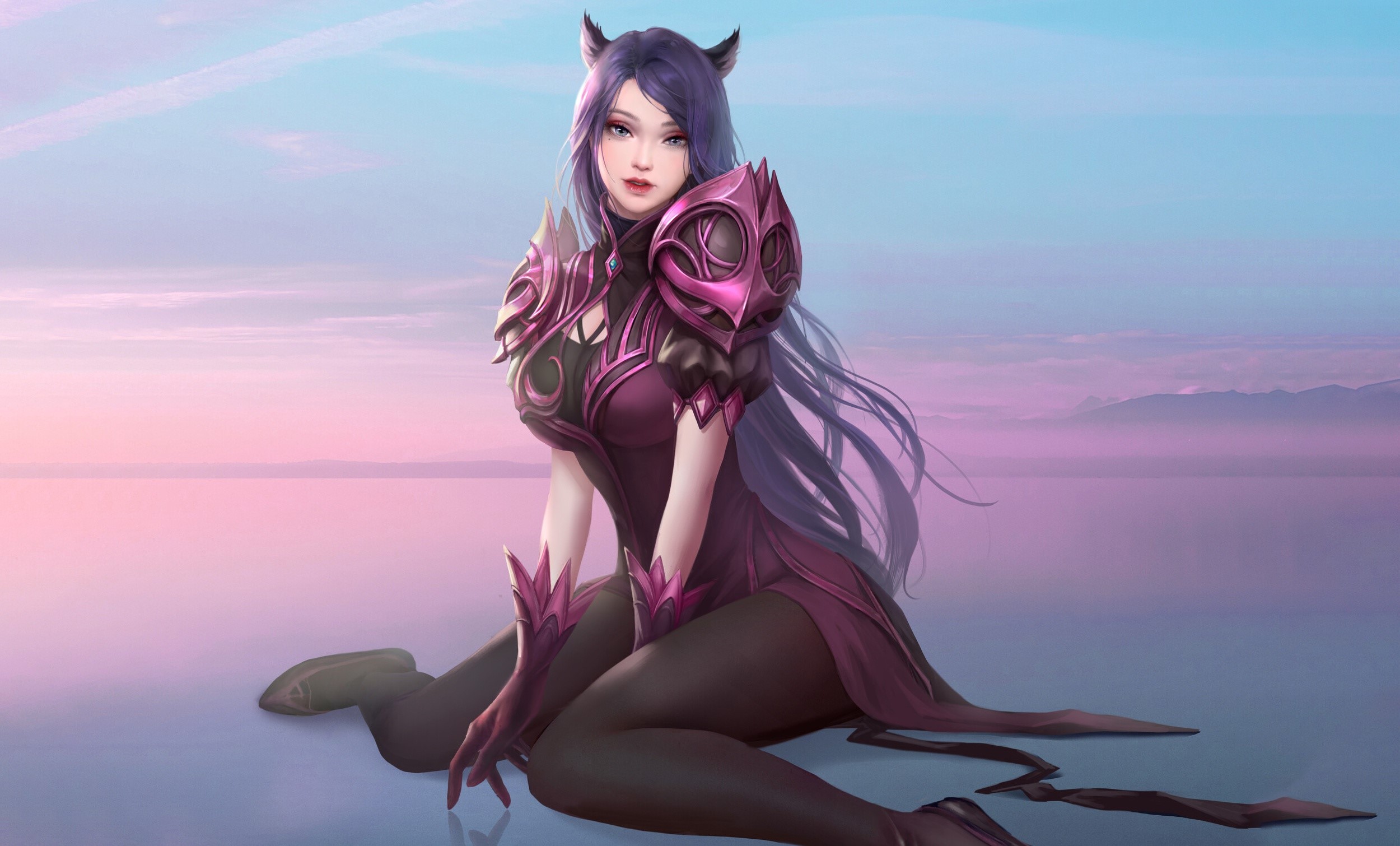 Anime girl with animal ears sitting by the water HD Wallpaper