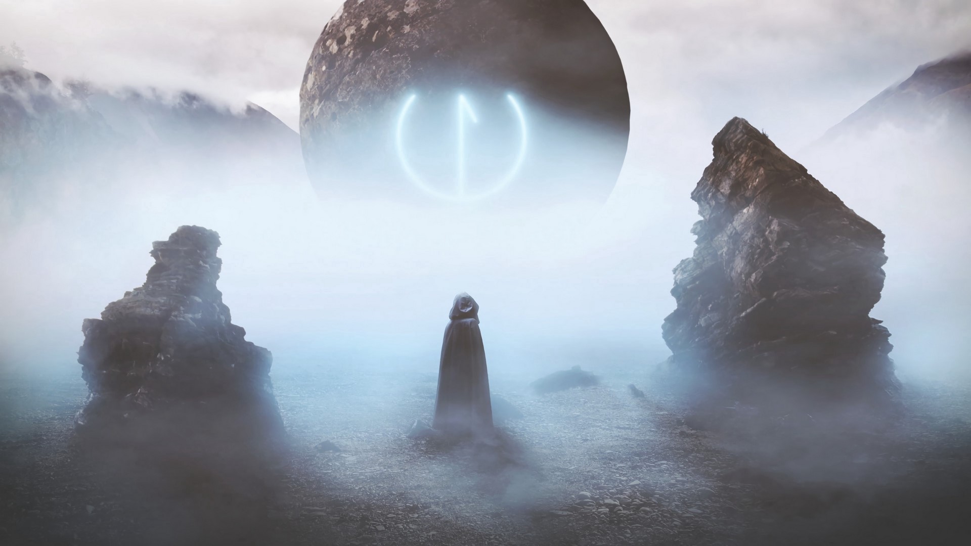 Figure in a hooded cloak before a glowing orb and rocks HD Wallpaper